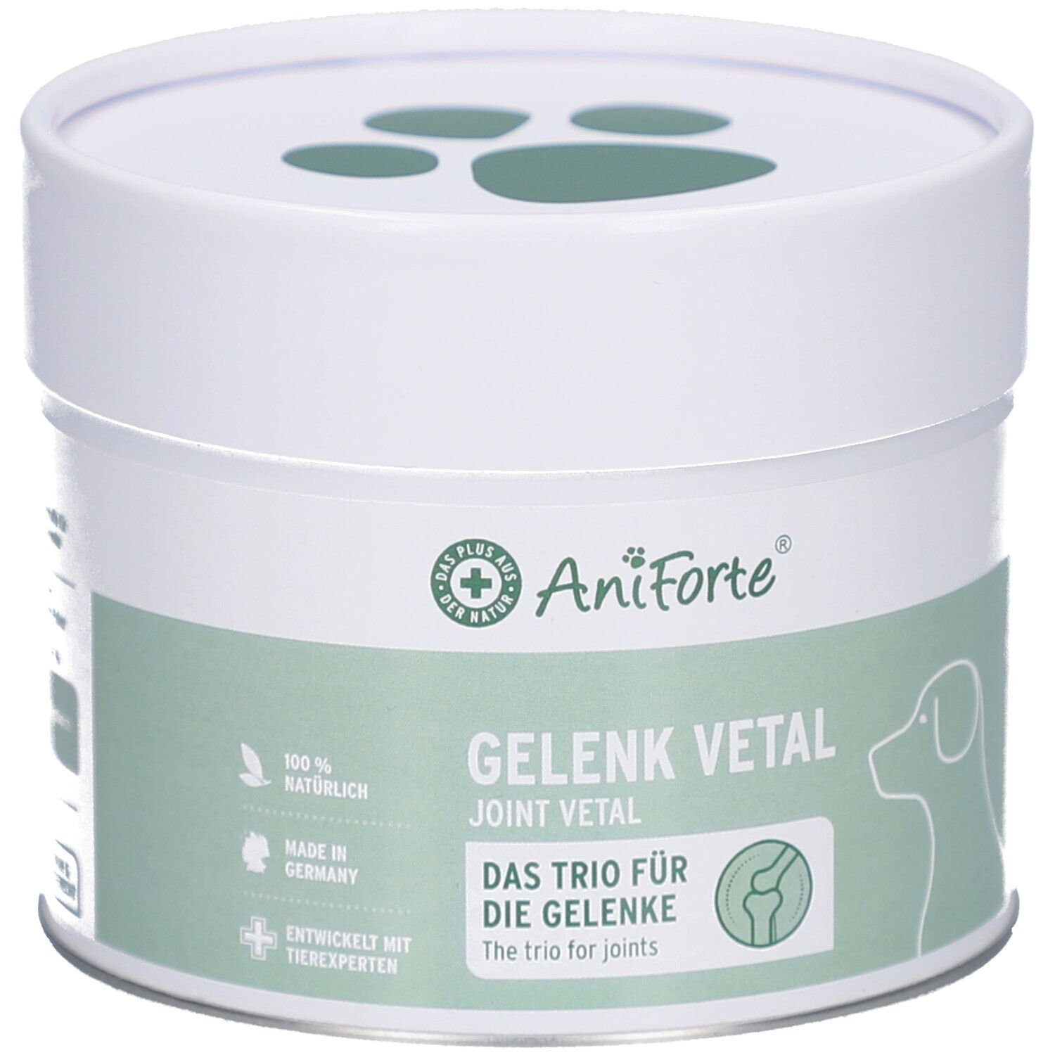 Weiße Dose mit grünem Etikett. Aufschrift: AniForte Gelenk Vital. Logo: Pfoten und Hund. Deckel mit Pfoten-Symbol.