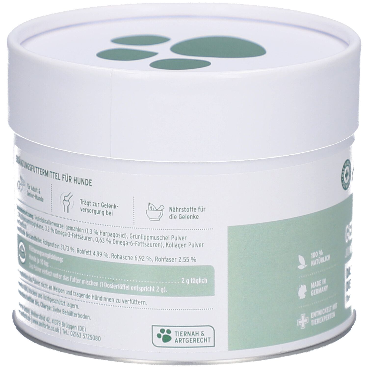 Weiße Dose, Rückseite mit grüner Beschriftung. Text: Inhaltsstoffe, Fütterungsempfehlung. Logo: Tiergerecht.