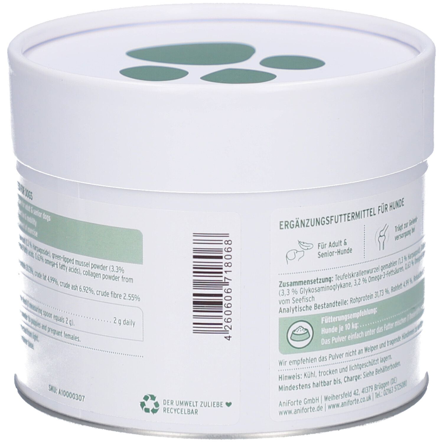 Weiße Dose, Rückseite mit grüner Beschriftung. Text: Inhaltsstoffe, Fütterungsempfehlung. Barcode.