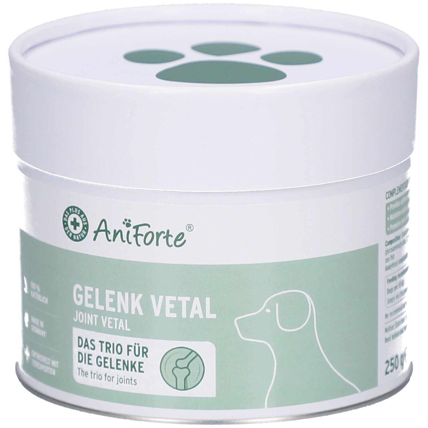 Weiße Dose mit grünem Etikett. Aufschrift: AniForte Gelenk Vital. Logo: Pfoten und Hund. 250g.