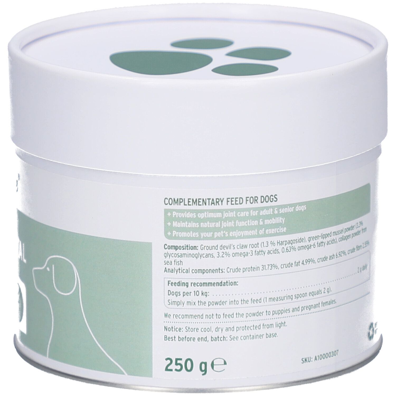 Weiße Dose, Rückseite mit grüner Beschriftung. Text: Inhaltsstoffe, Fütterungsempfehlung. 250g.