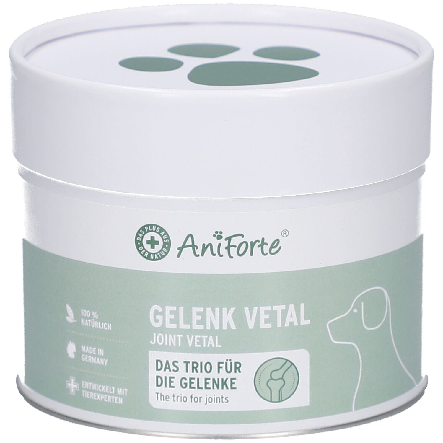 Weiße Dose mit grünem Etikett. Aufschrift: AniForte Gelenk Vital. Logo: Pfoten und Hund. Deckel mit Pfoten-Symbol.