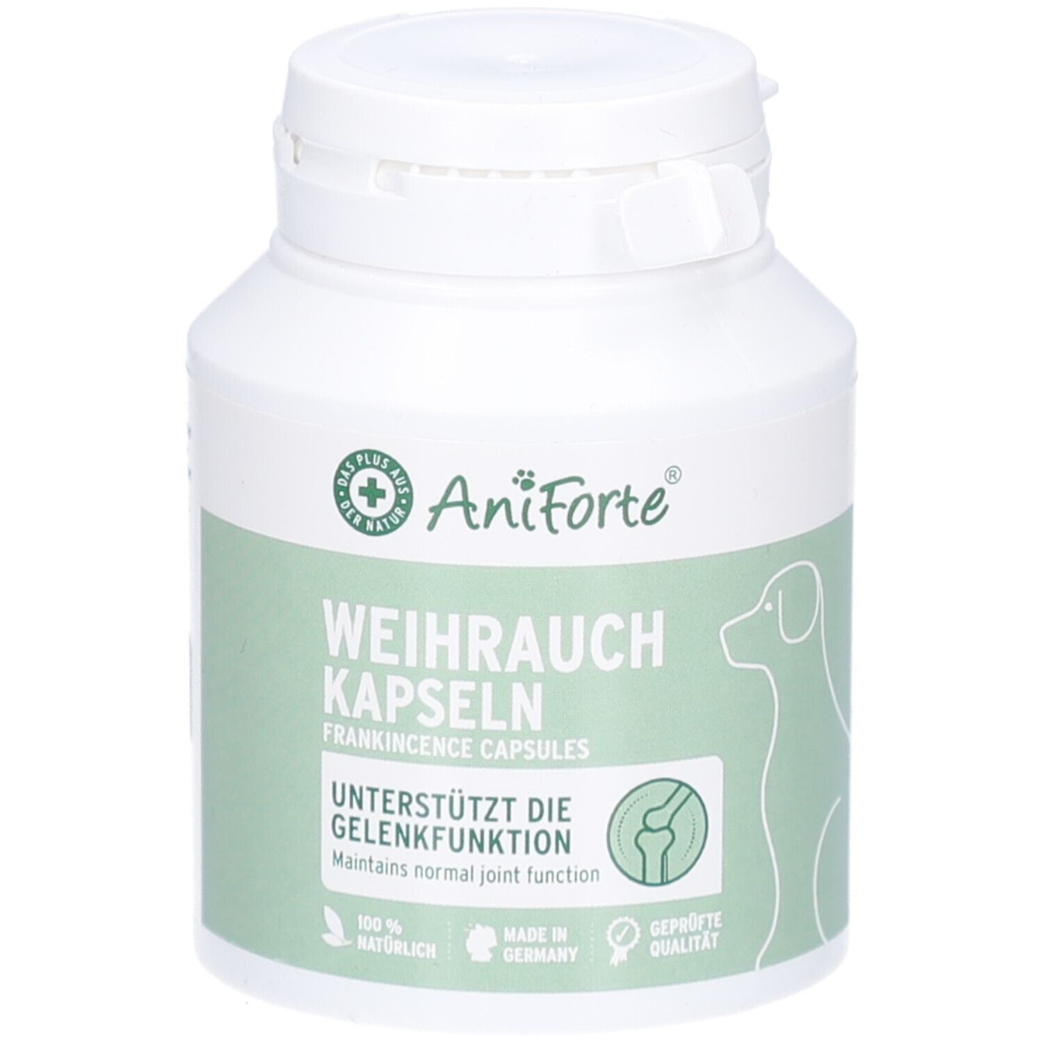 Flacon blanc avec étiquette verte. Inscription: AniForte, capsules d'encens, soutient la fonction articulaire. Silhouette de chien.