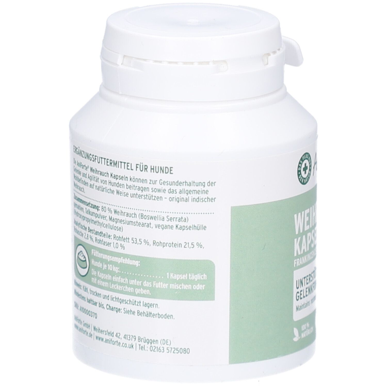 Bouteille blanche, dos avec texte. Contient des informations sur les ingrédients, les recommandations d'alimentation et le fabricant. Logo vert.