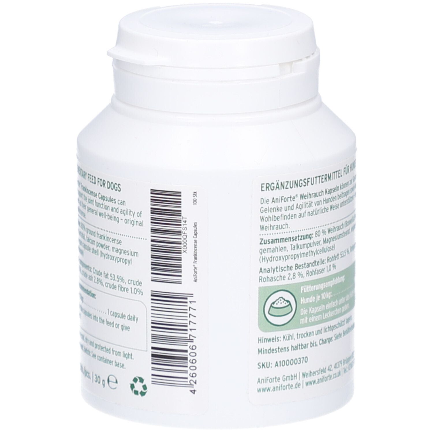 Bouteille blanche, dos avec texte et code-barres. Contient des informations sur les ingrédients et les recommandations d'alimentation. Logo vert.