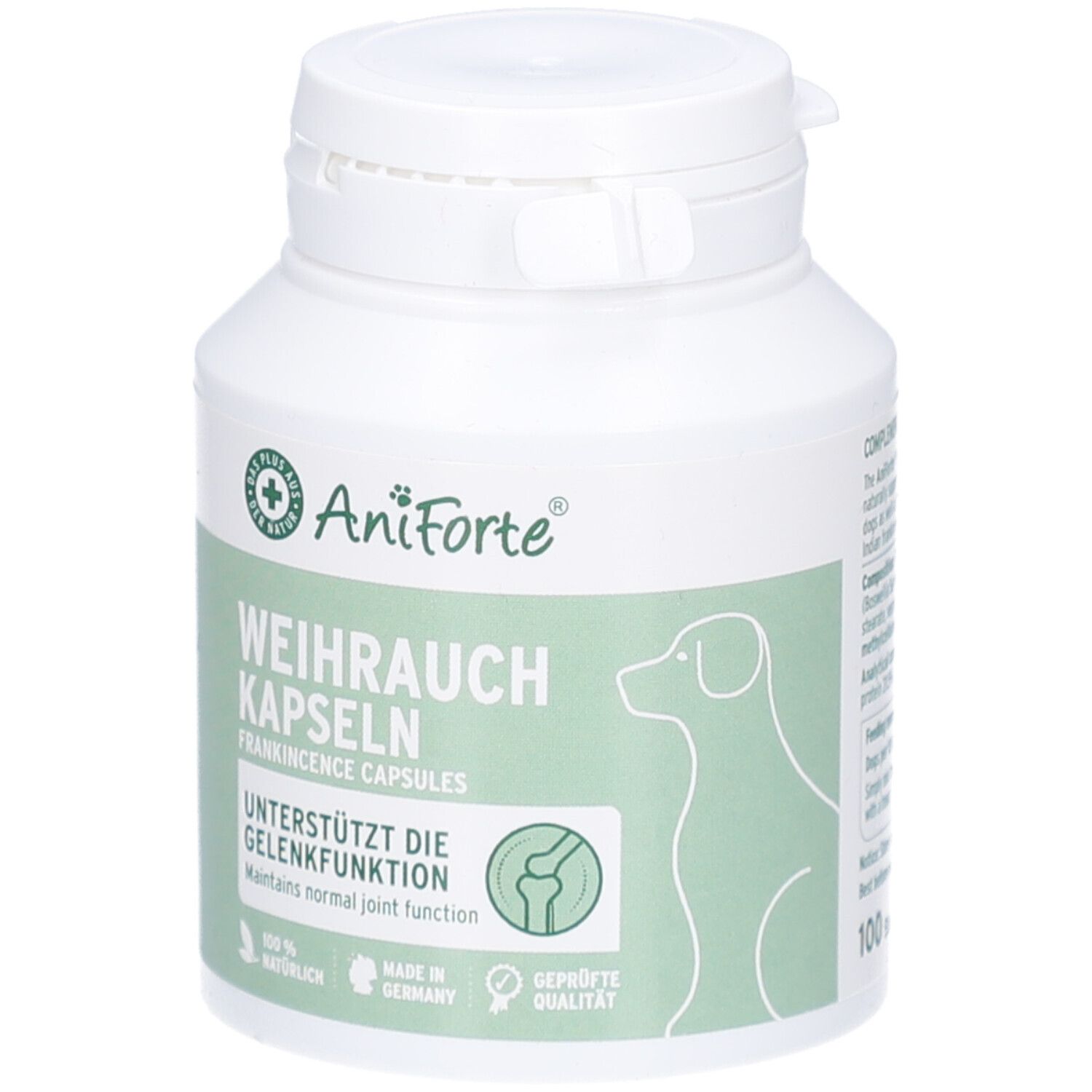 Flacon blanc avec étiquette verte. Inscription: AniForte, capsules d'encens, soutient la fonction articulaire. Silhouette de chien et 100 capsules.