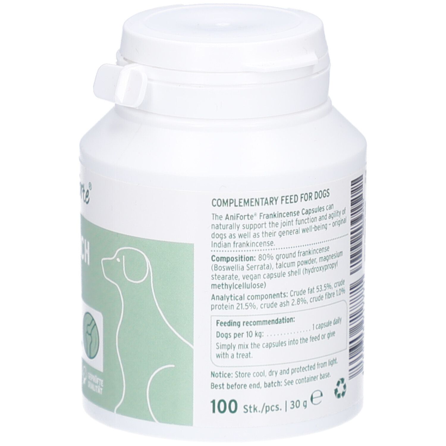 Bouteille blanche, dos avec texte. Contient des informations sur les ingrédients, les recommandations d'alimentation et le fabricant. 100 pièces/30 g.