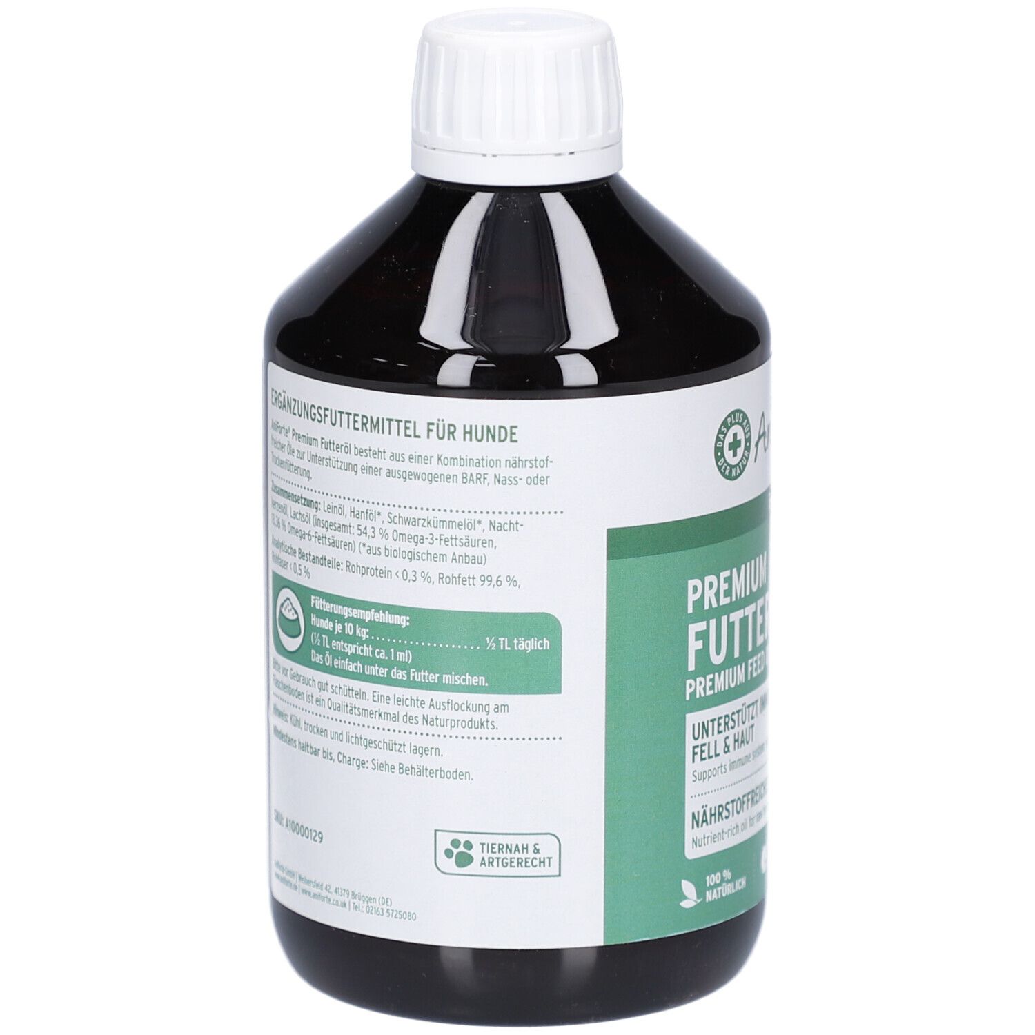 Rückseite der braunen Flasche. Text mit Inhaltsstoffen und Fütterungsempfehlung. Grünes Etikett mit weißem Text.