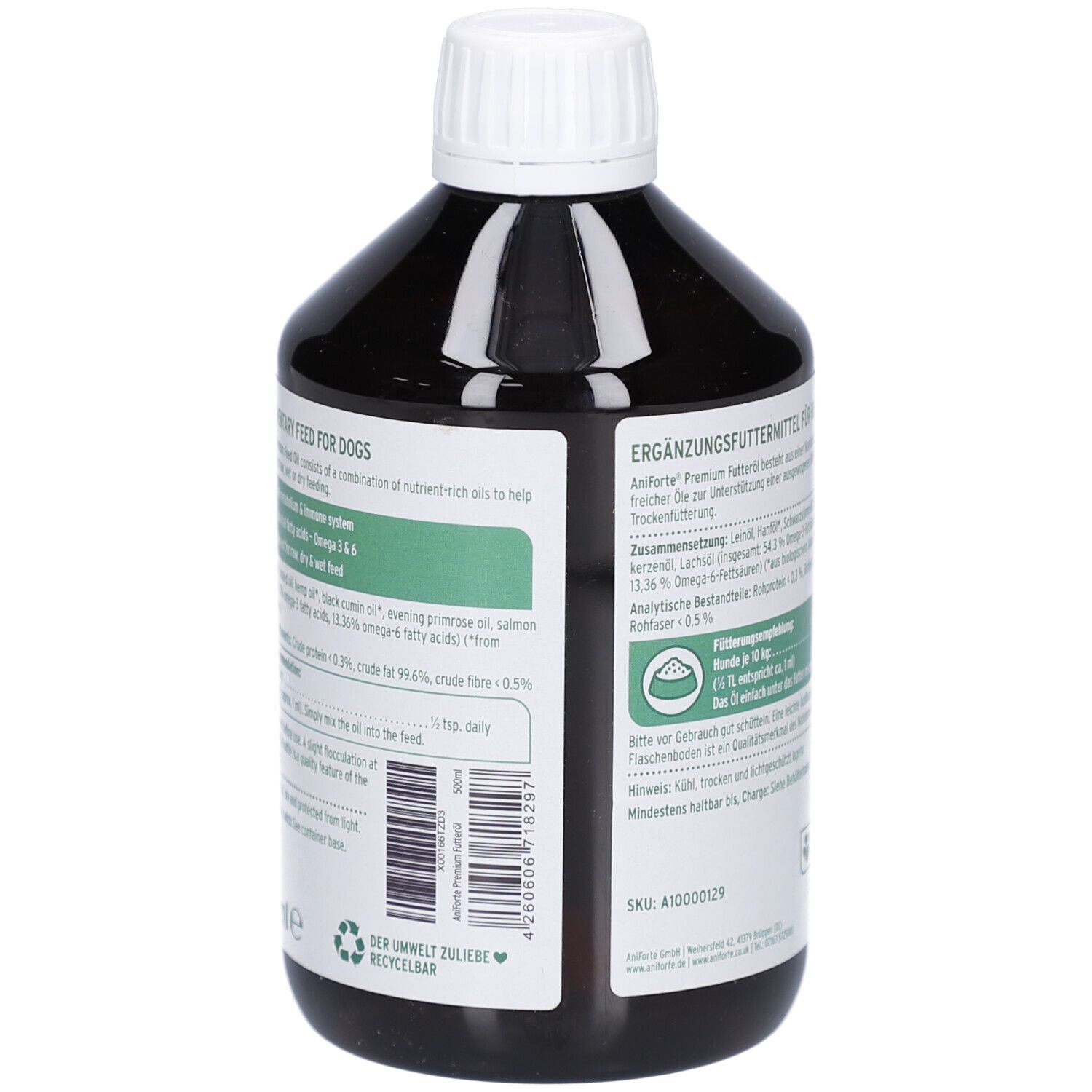 Rückseite der braunen Flasche. Text mit Inhaltsstoffen und Fütterungsempfehlung. Grünes Etikett mit weißem Text.