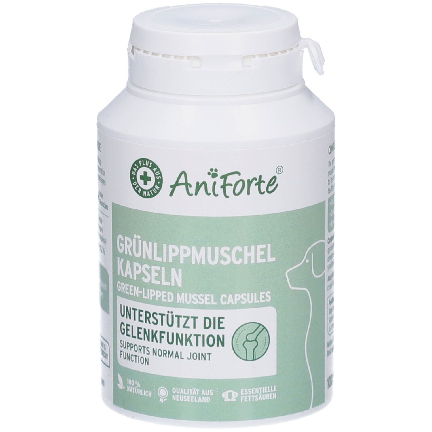 Bouteille blanche avec étiquette AniForte. Gélules de moules aux orles verts. Soutient la fonction articulaire. Silhouette de chien.