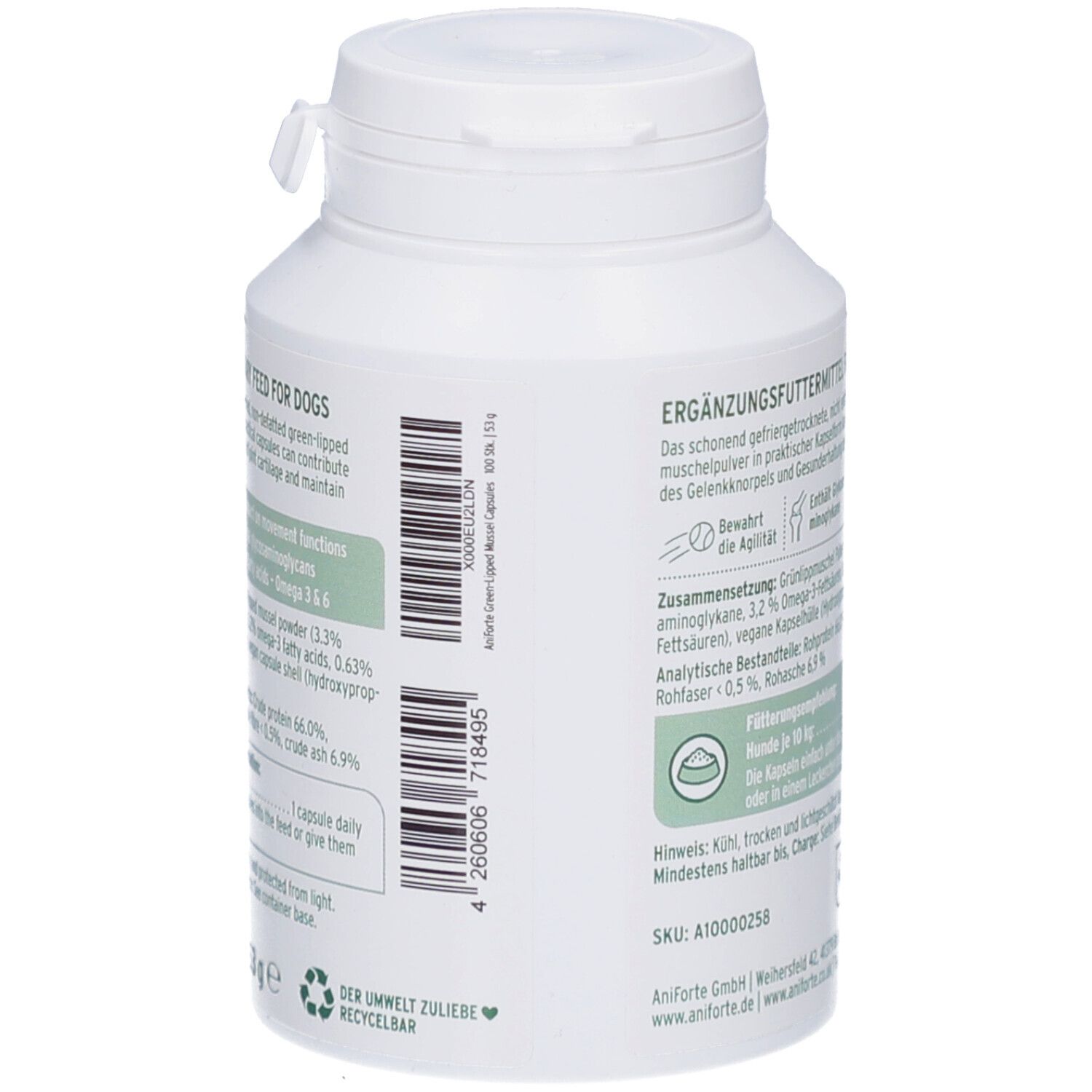 Dos de la bouteille blanche. Aliment complémentaire pour chiens. Ingrédients et recommandations d'alimentation.