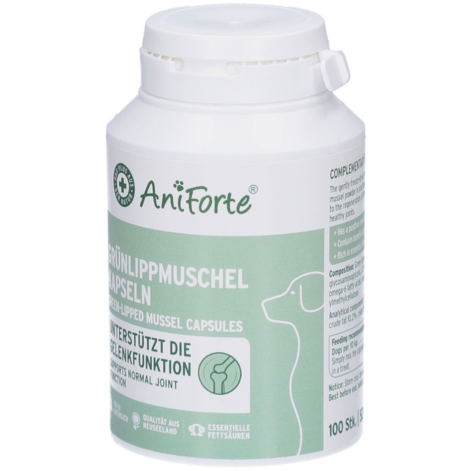 Bouteille blanche avec étiquette AniForte. Gélules de moules aux orles verts. Soutient la fonction articulaire. 100 pièces.