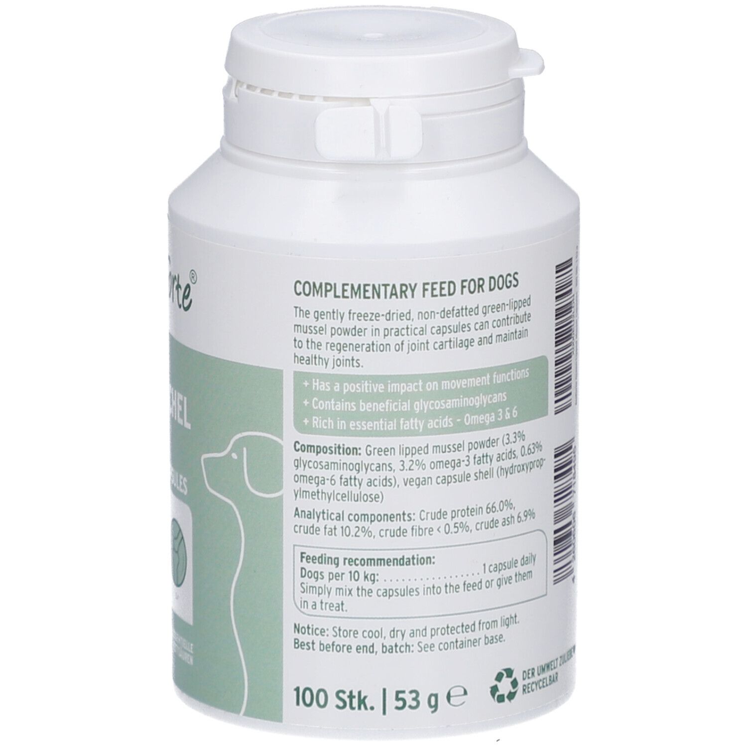 Bouteille blanche AniForte. Gélules de moules vertes. 100 pièces. 53 g. Ingrédients et recommandations.