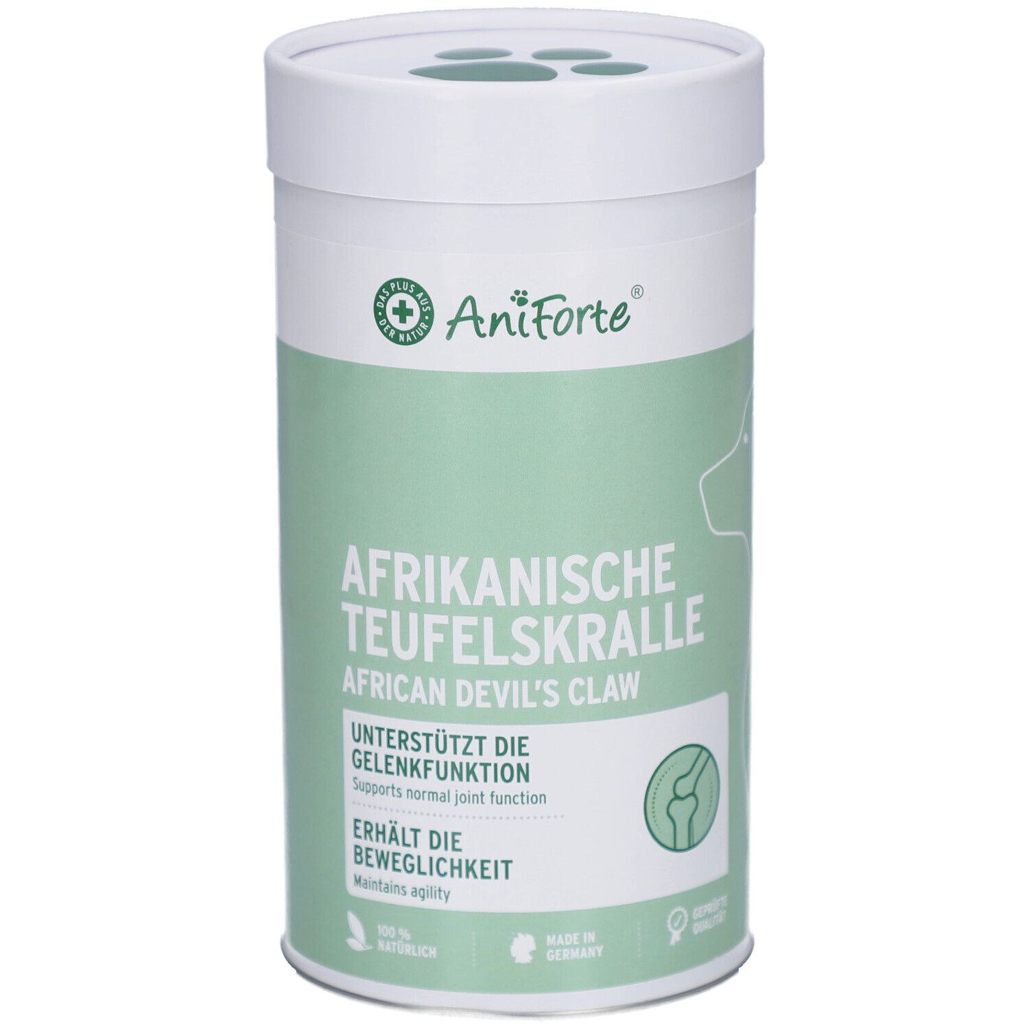 Zylindrische Dose mit AniForte-Logo und Aufschrift Afrikanische Teufelskralle. Grün-weiße Farbgebung. Deckel mit Pfoten-Aussparungen.