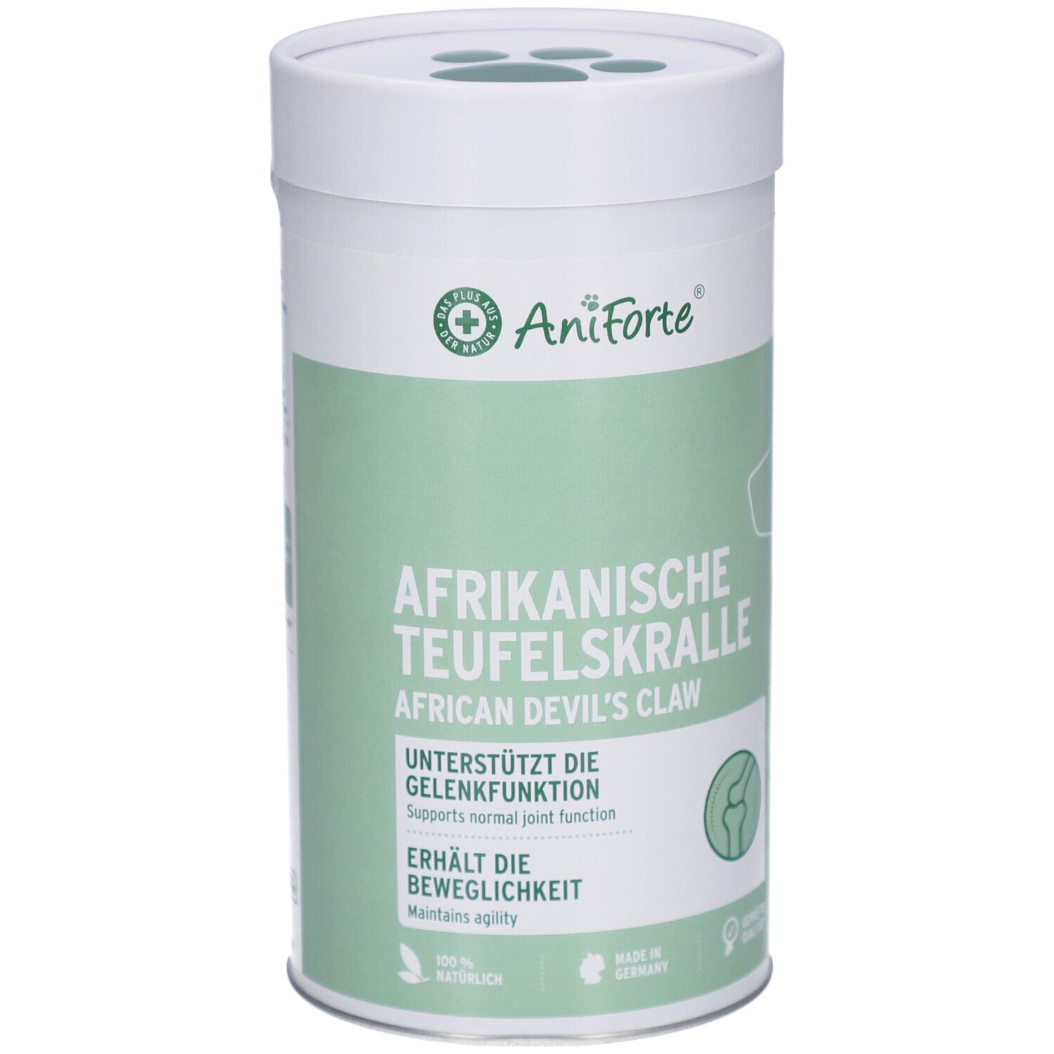 Zylindrische Dose mit AniForte-Logo und Aufschrift Afrikanische Teufelskralle. Grün-weiße Farbgebung. Deckel mit Pfoten-Aussparungen.
