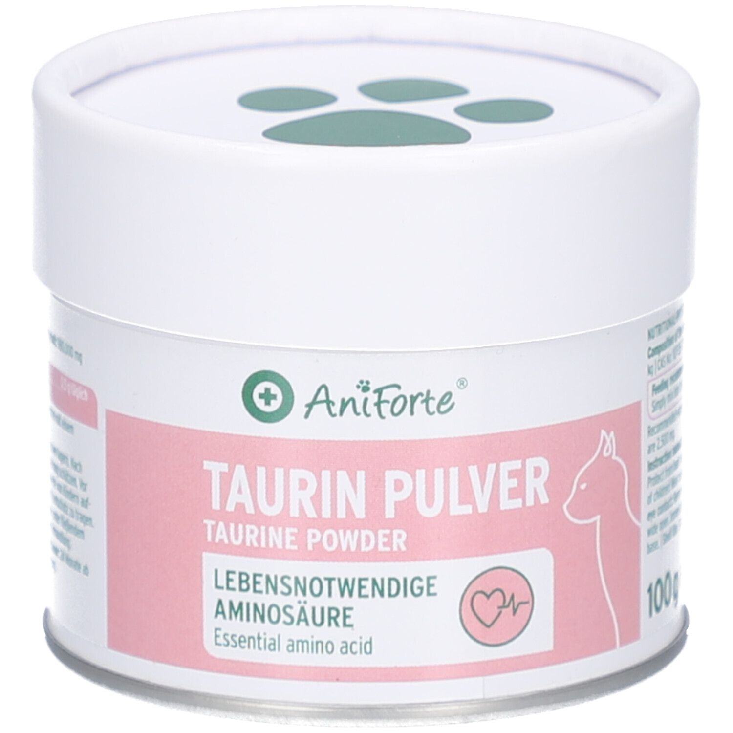 Weiß-rosa Dose mit AniForte Taurin Pulver. Aufschrift: Taurin Pulver, essentielle Aminosäure für Katzen. Grün-weiße Pfoten-Abdrücke auf dem Deckel.