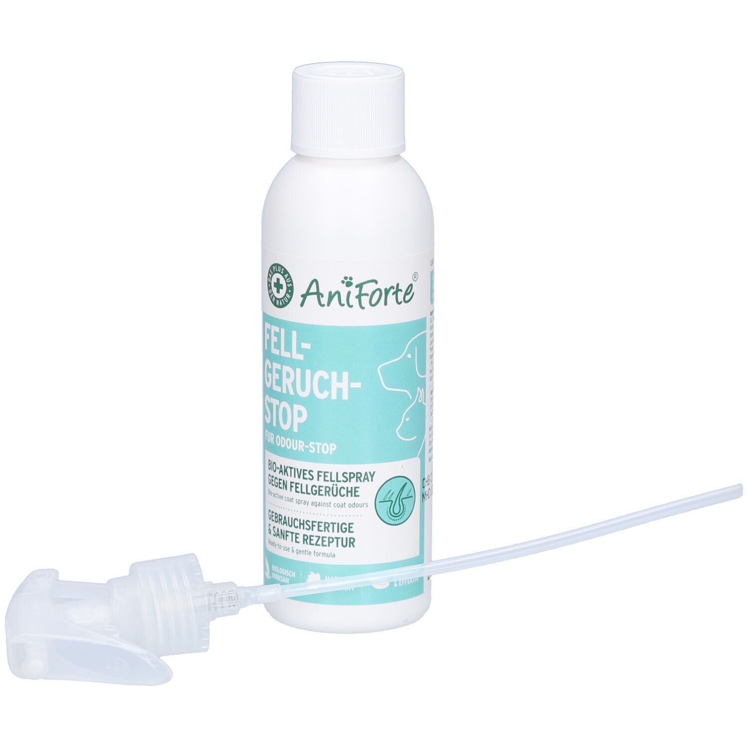 Flacon blanc avec vaporisateur. Inscription: AniForte, Fellgeruch-STOP. Spray pour odeurs de fourrure. Avec vaporisateur.