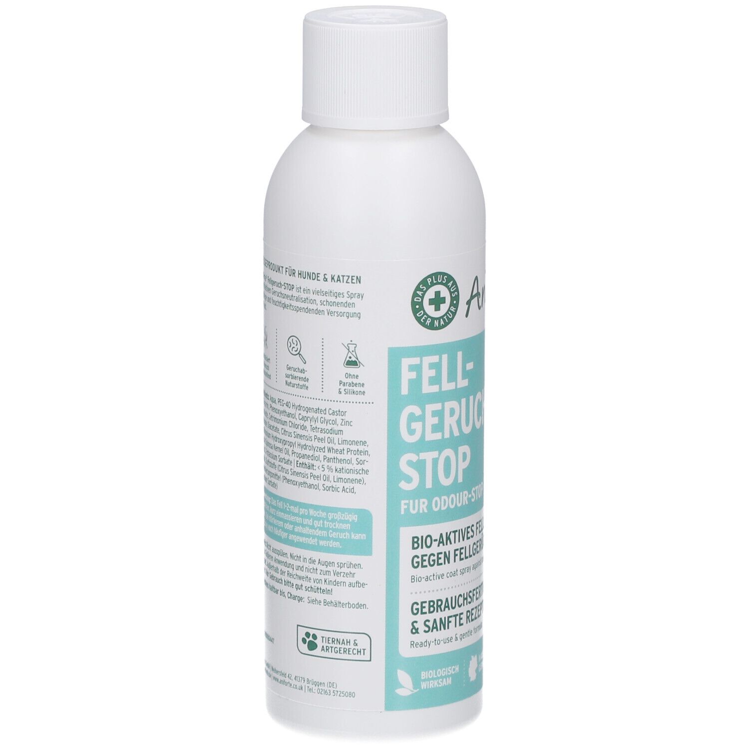 Flacon blanc avec texte. Inscription: AniForte, Fellgeruch-STOP. Spray pour odeurs de fourrure. Pour chiens & chats.