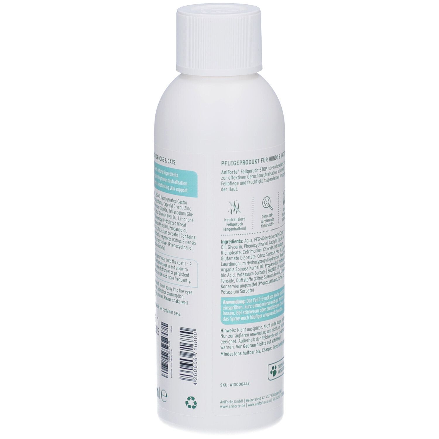 Flacon blanc avec texte. Inscription: AniForte, Fellgeruch-STOP. Produit de soin pour chiens & chats. Ingrédients.