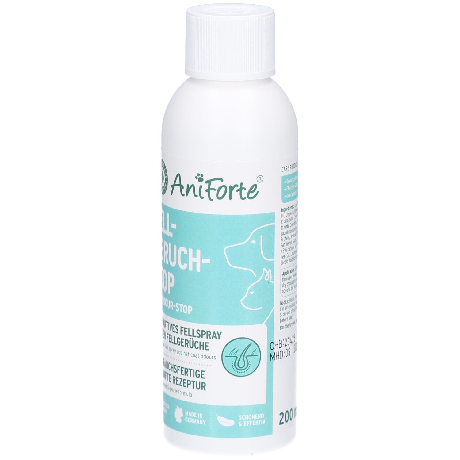 Flacon blanc avec texte. Inscription: AniForte, Fellgeruch-STOP. Spray pour odeurs de fourrure. 200 ml.