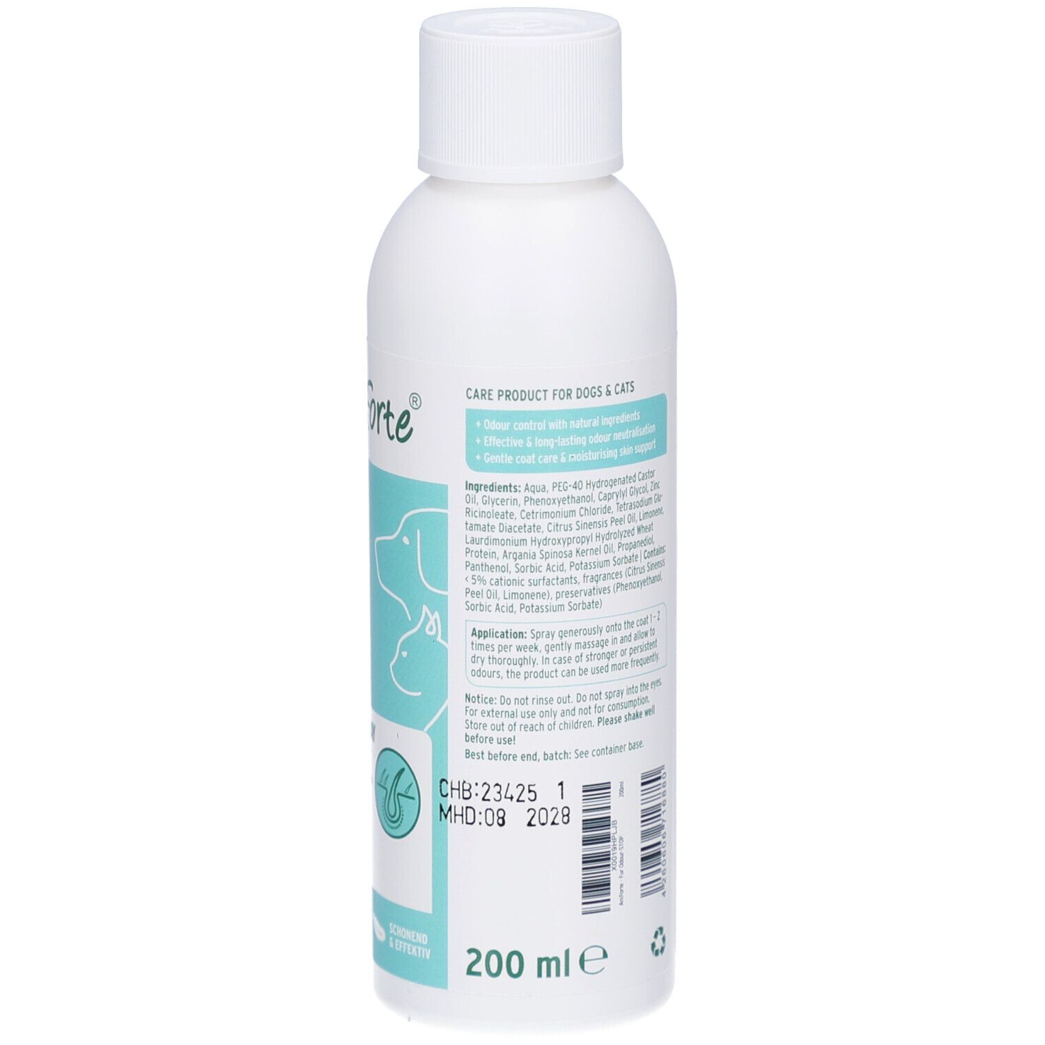 Flacon blanc avec texte. Inscription: AniForte, Fellgeruch-STOP. Produit de soin pour chiens & chats. 200 ml. DDM 09 2028.