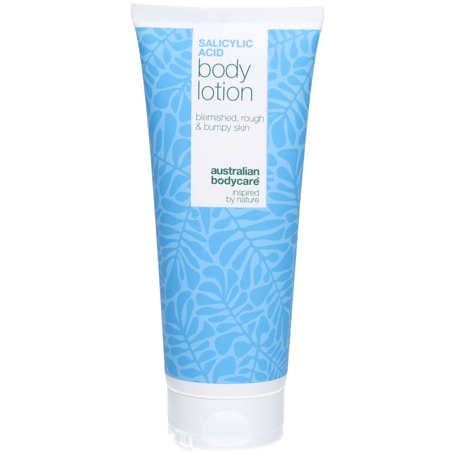 Körperlotion-Tube mit blauem Blattmuster. Enthält Salicylsäure. Weißer Deckel. Marke: Australian Bodycare.