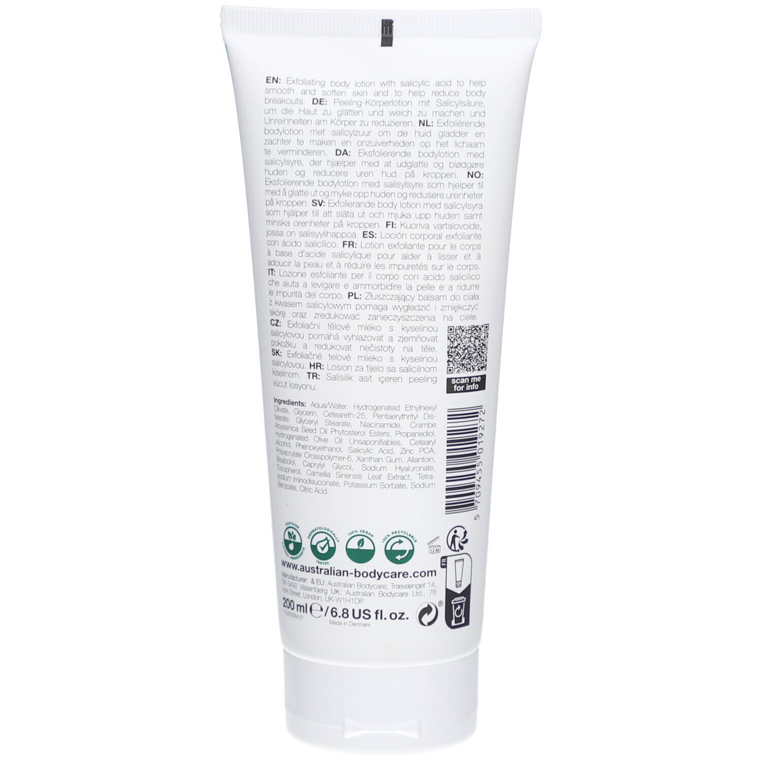 Rückseite der Körperlotion-Tube. Text in mehreren Sprachen. Enthält Informationen zu Inhaltsstoffen und Marke.