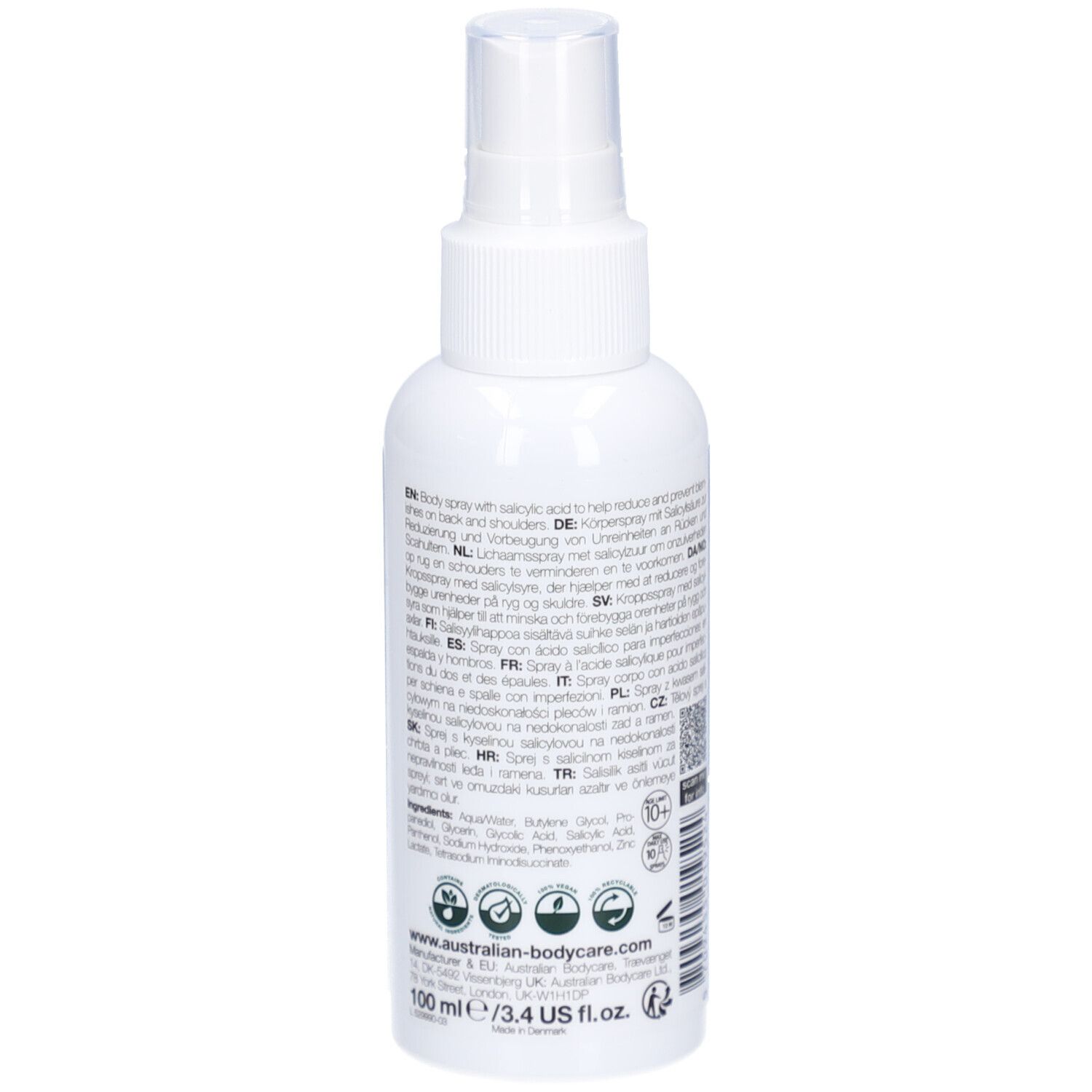 Rückseite der weißen Sprühflasche. Text in verschiedenen Sprachen. Informationen zu Inhaltsstoffen und Hersteller. 100 ml.