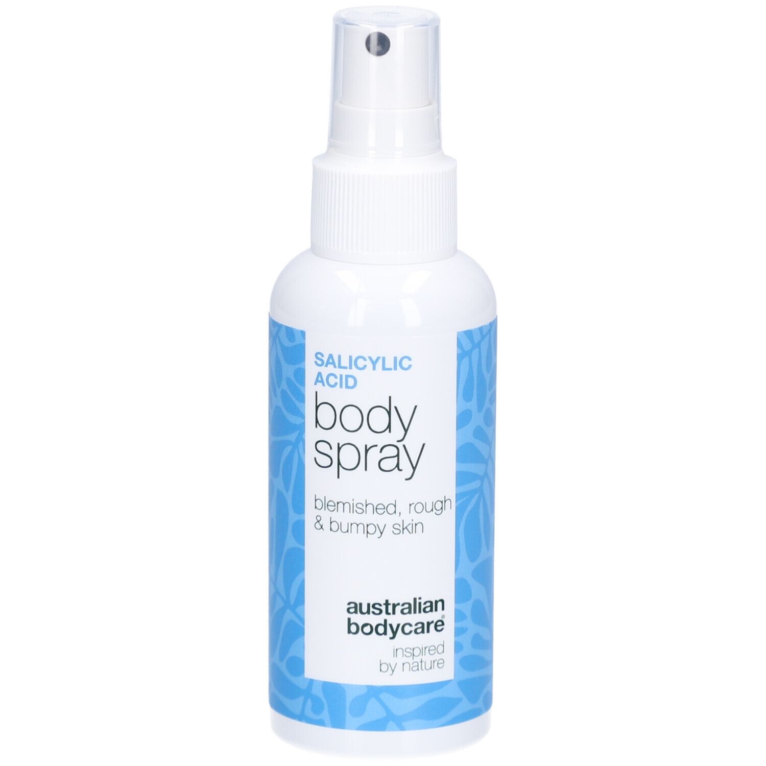 Weiße Sprühflasche mit blauem Etikett. Text: Salicylsäure, Body Spray, für raue & unebene Haut. Australian Bodycare.