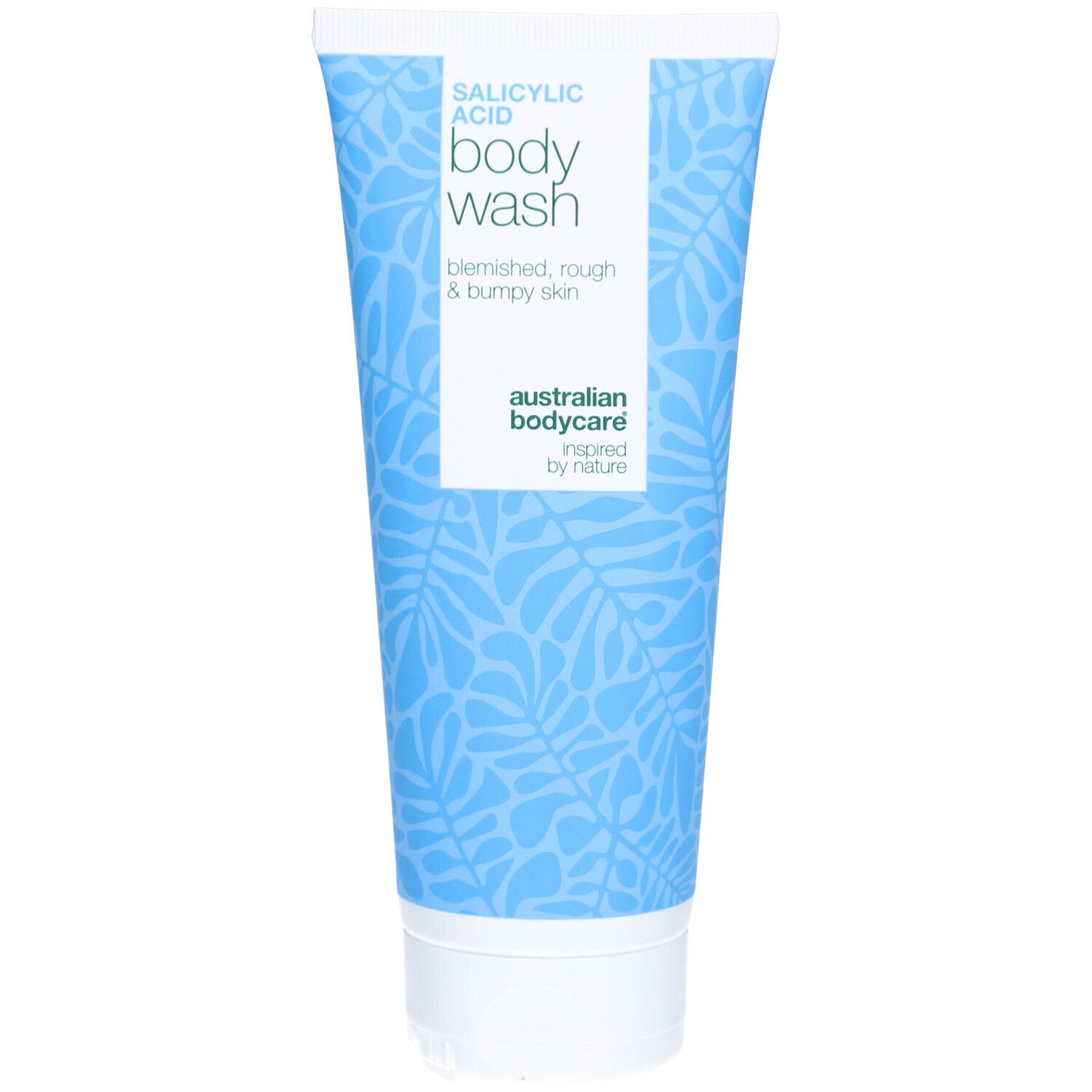 Blau-weiße Tube mit Salicylsäure Body Wash. Text: blemish, rough & bumpy skin. Marke: Australian Bodycare.