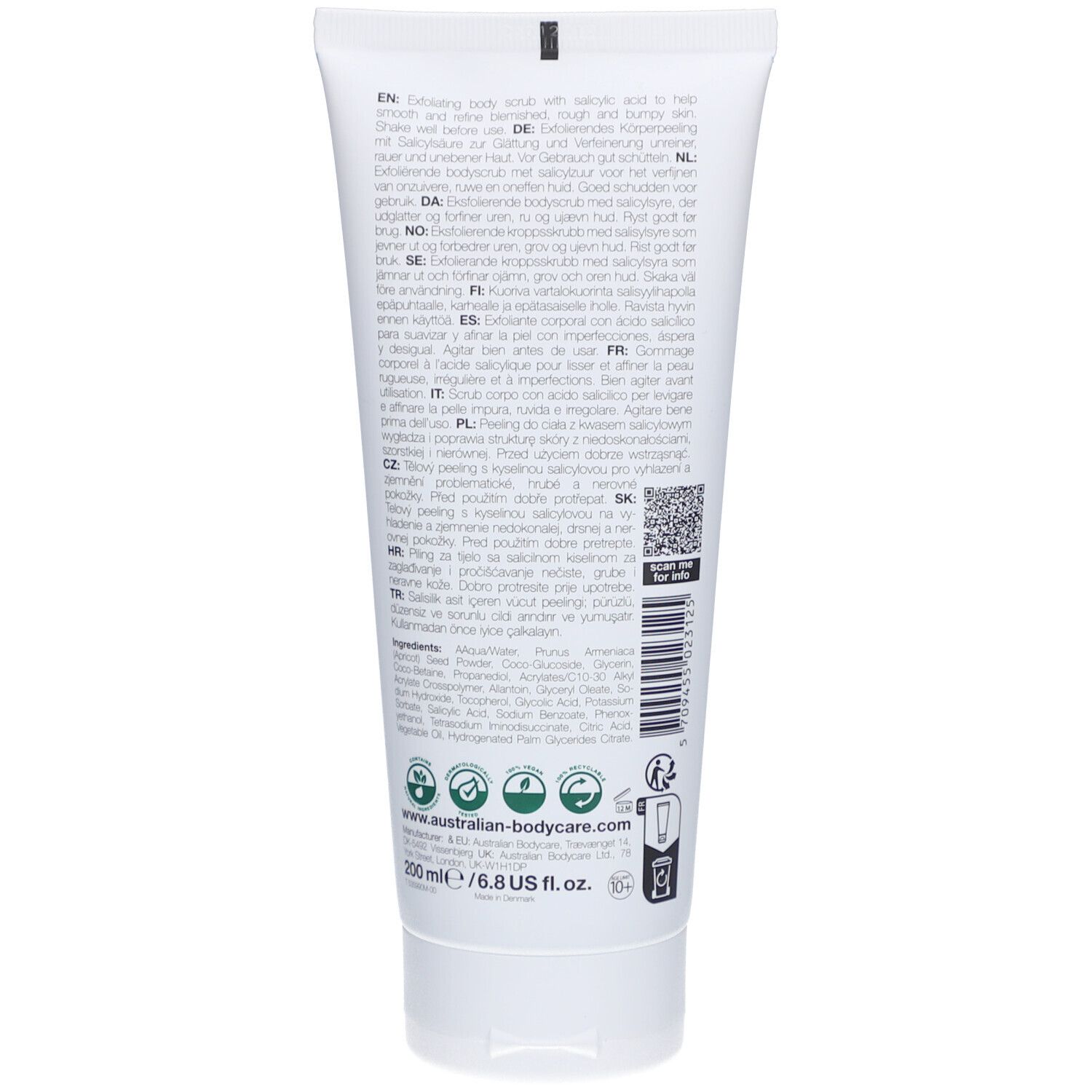 Rückseite der Tube mit Produktinformationen und Inhaltsstoffen. QR-Code und Logos.