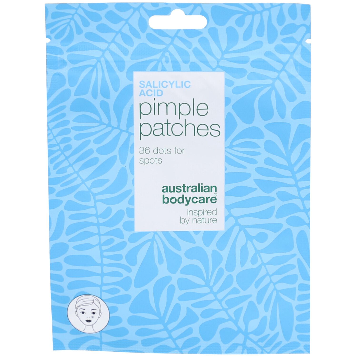 Blau-weiße Verpackung. Enthält Salicylsäure Pimple Patches. 36 Punkte für Pickel. Marke: Australian Bodycare.