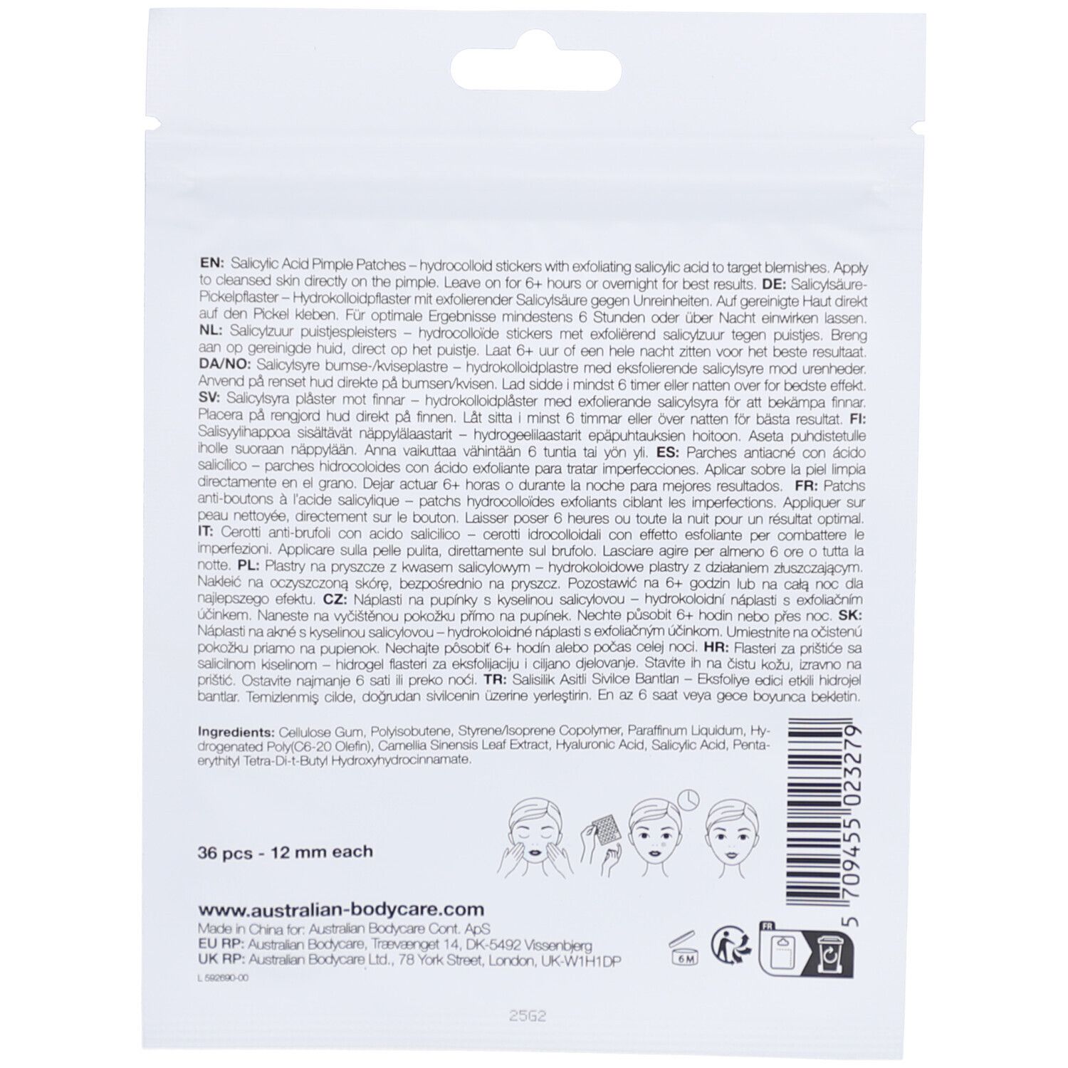 Rückseite der Verpackung. Enthält Informationen zu den Inhaltsstoffen und Anwendung. Marke: Australian Bodycare.