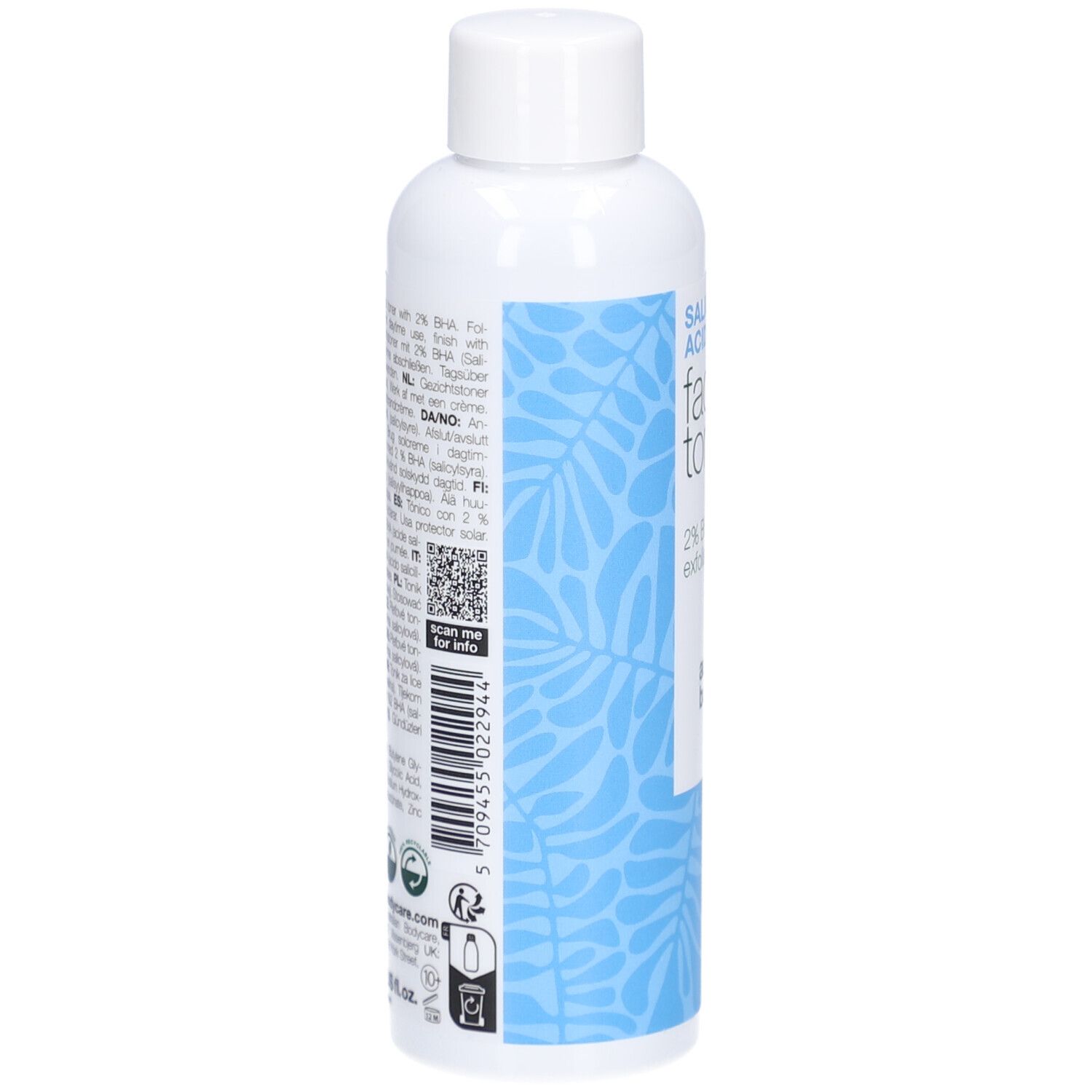 Dos du flacon blanc avec motif bleu. Texte et code QR. Marque: Australian Bodycare. Ingrédients et volume.