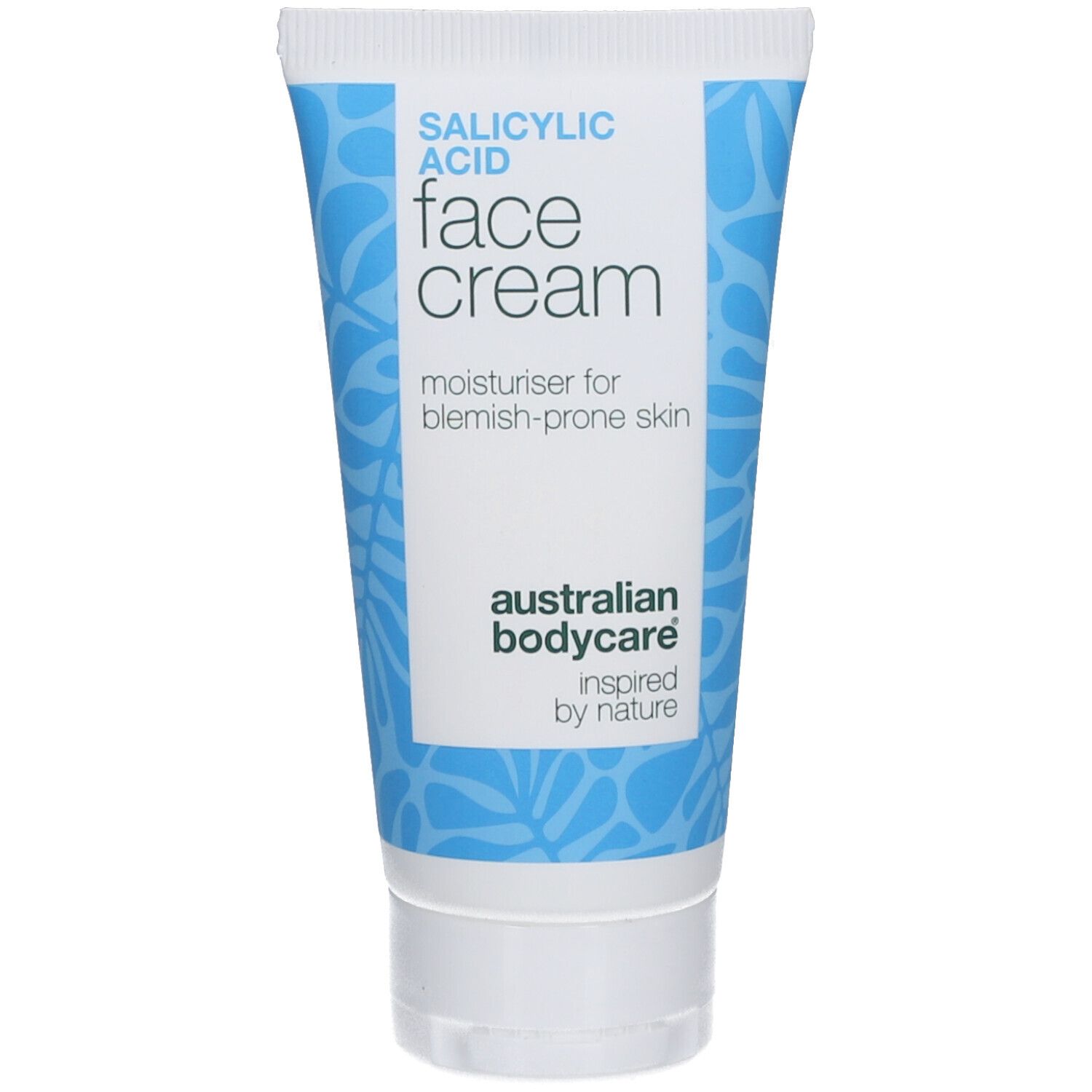 Tube de crème pour le visage avec motif bleu. Inscription : Salicylic Acid Face Cream. Hydratant pour peau à imperfections. Marque : Australian Bodycare.
