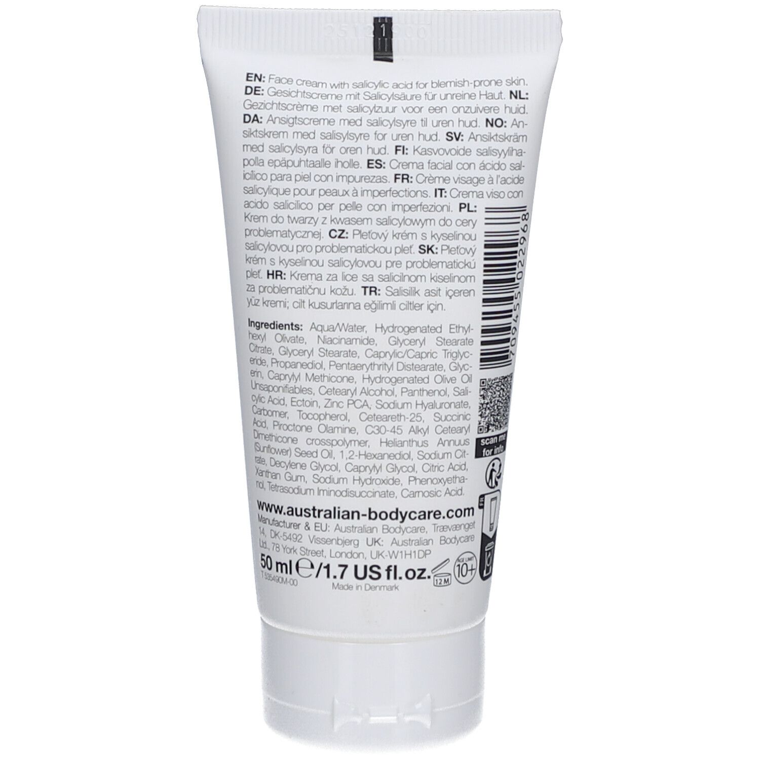 Dos du tube de crème pour le visage. Texte avec ingrédients et instructions en plusieurs langues. Marque : Australian Bodycare.