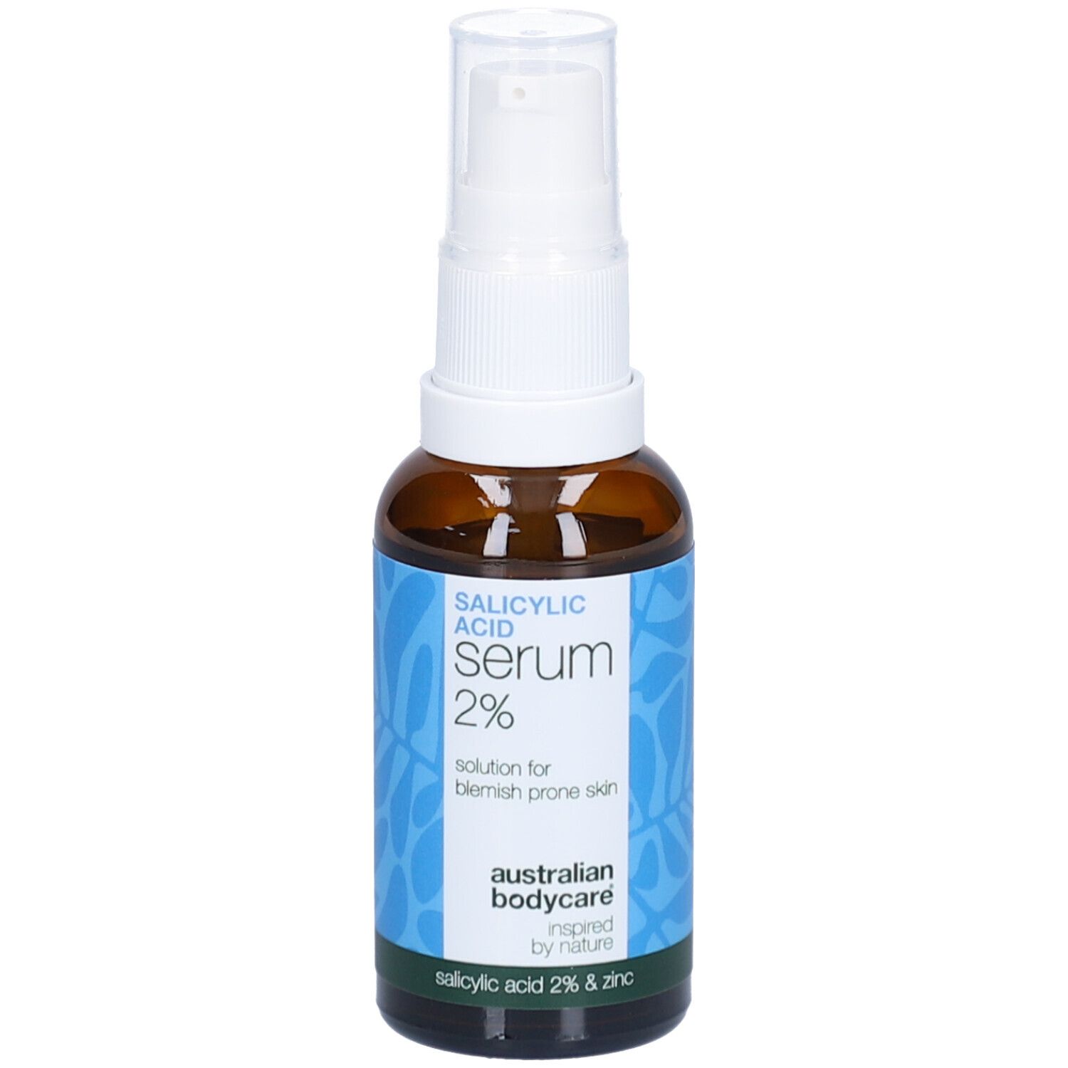 Flacon brun avec pompe blanche. Étiquette : Sérum acide salicylique 2%. Marque : Australian Bodycare.