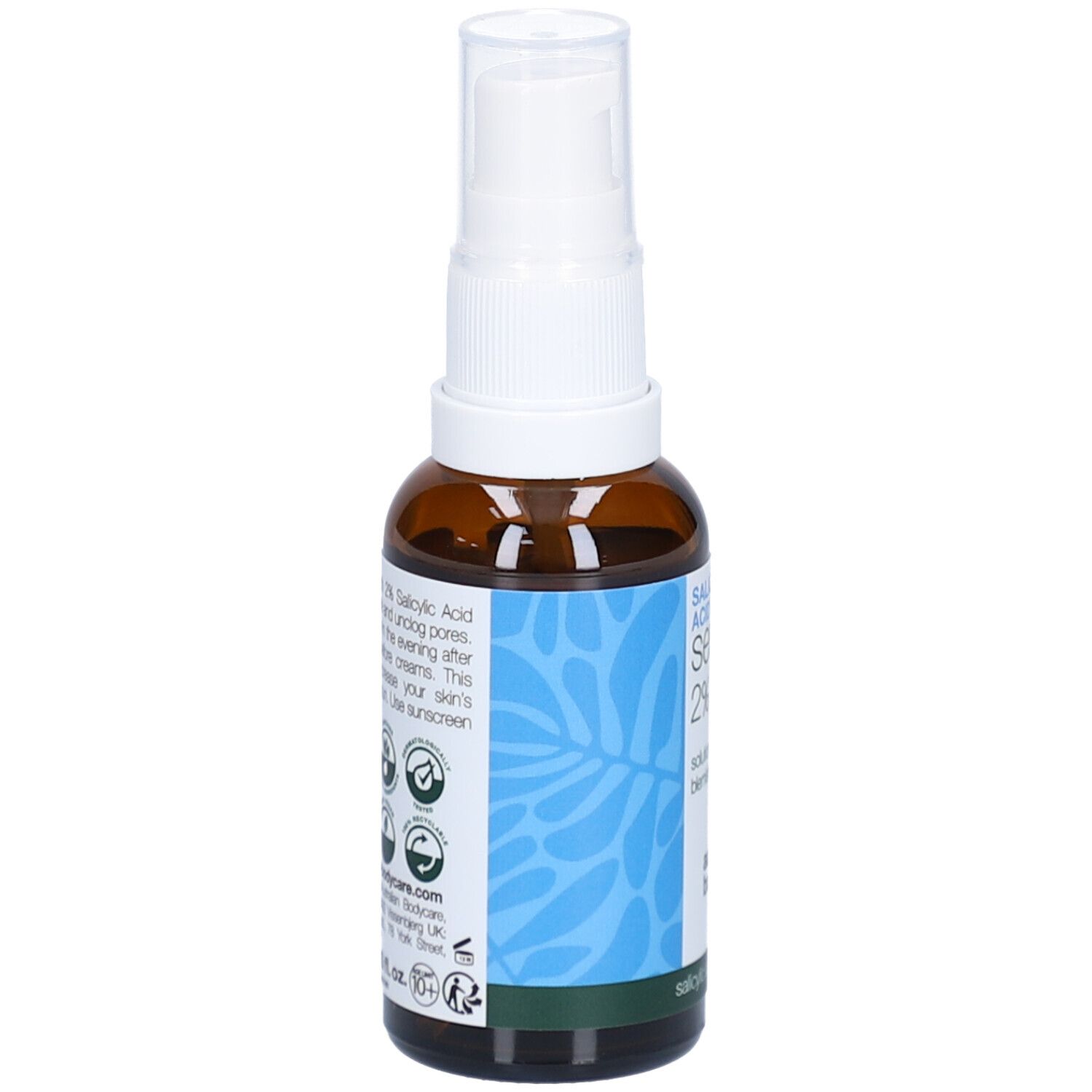 Flacon brun avec pompe blanche. Étiquette avec texte et logos. Marque : Australian Bodycare.