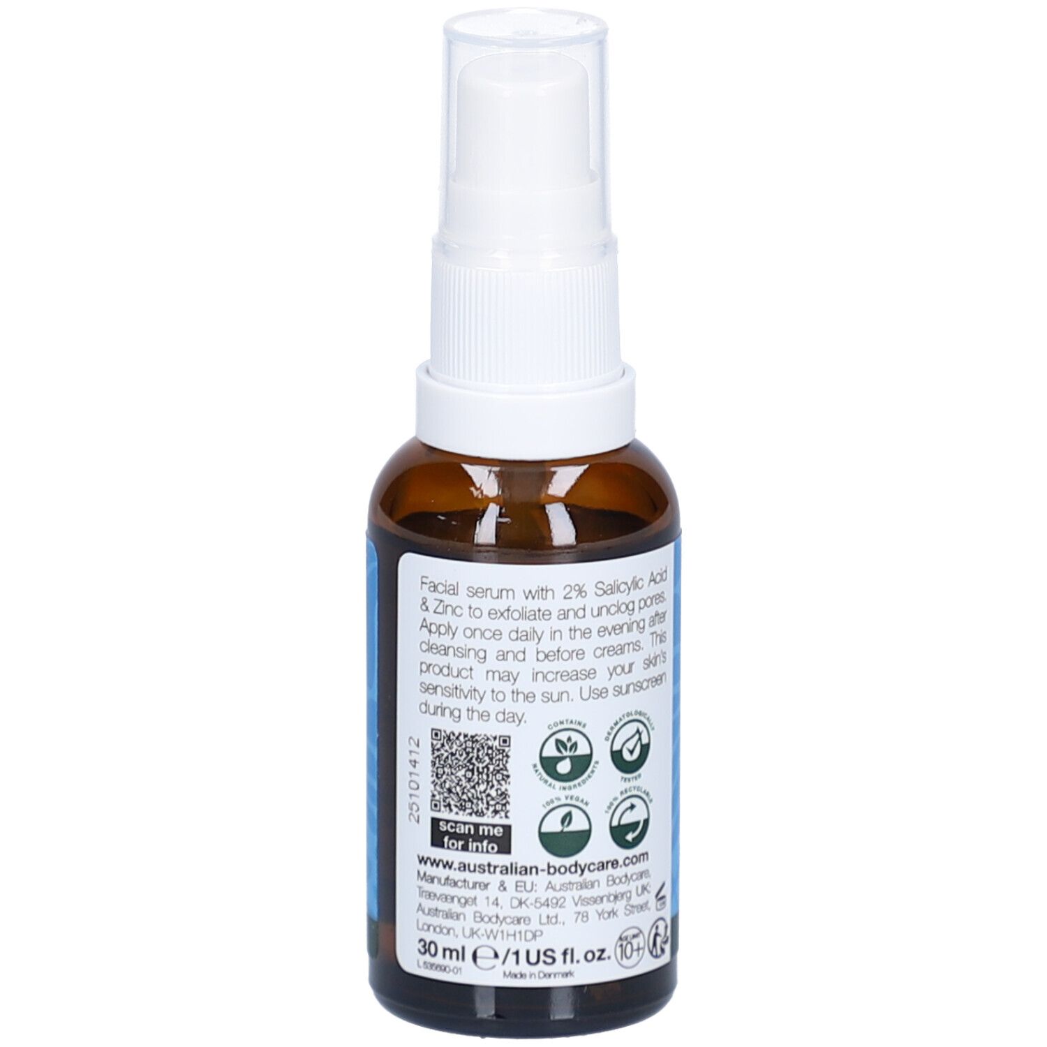 Flacon brun avec pompe blanche. Étiquette avec texte et logos. Marque : Australian Bodycare.