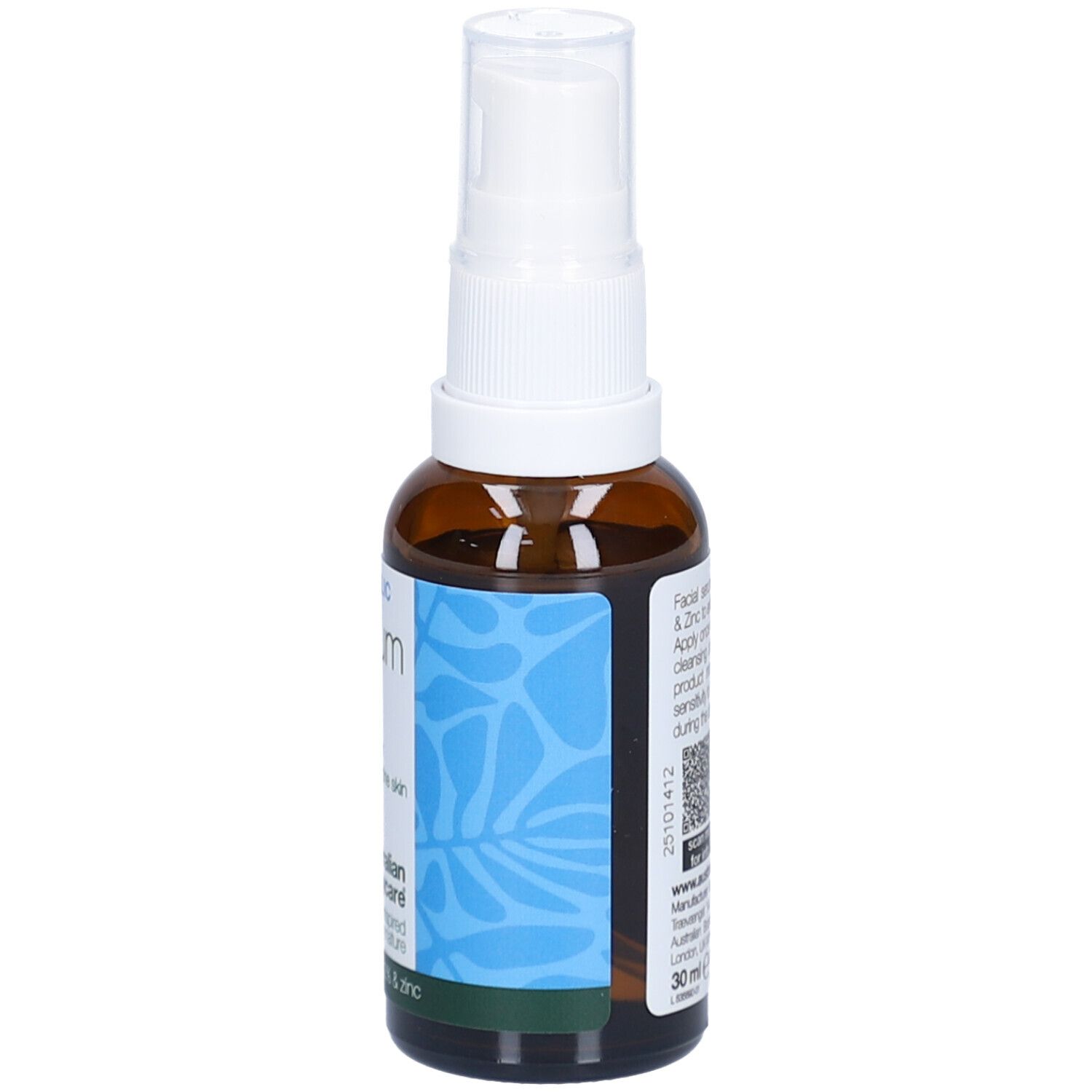 Flacon brun avec pompe blanche. Étiquette avec texte et logos. Marque : Australian Bodycare.