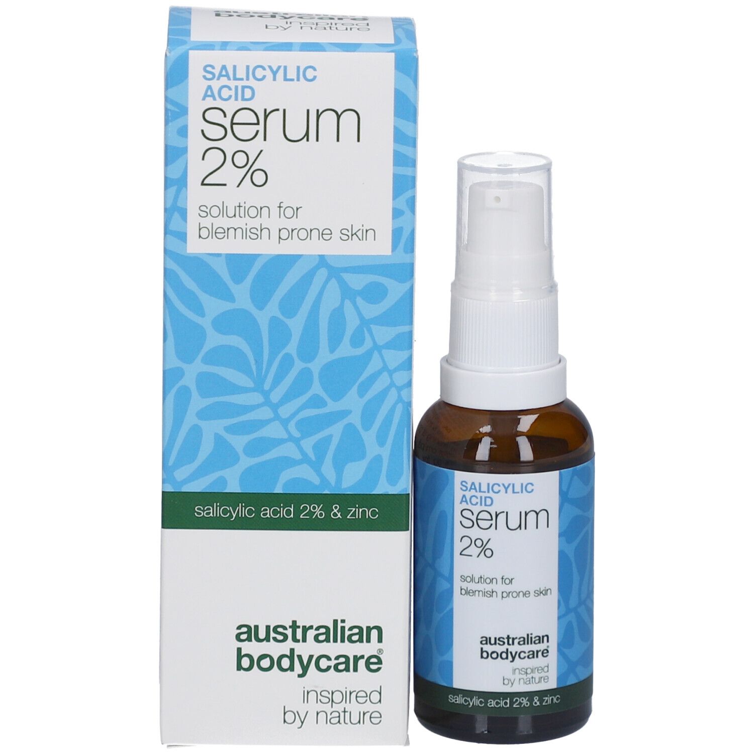 Emballage du produit avec flacon. Texte : Sérum acide salicylique 2%. Marque : Australian Bodycare.