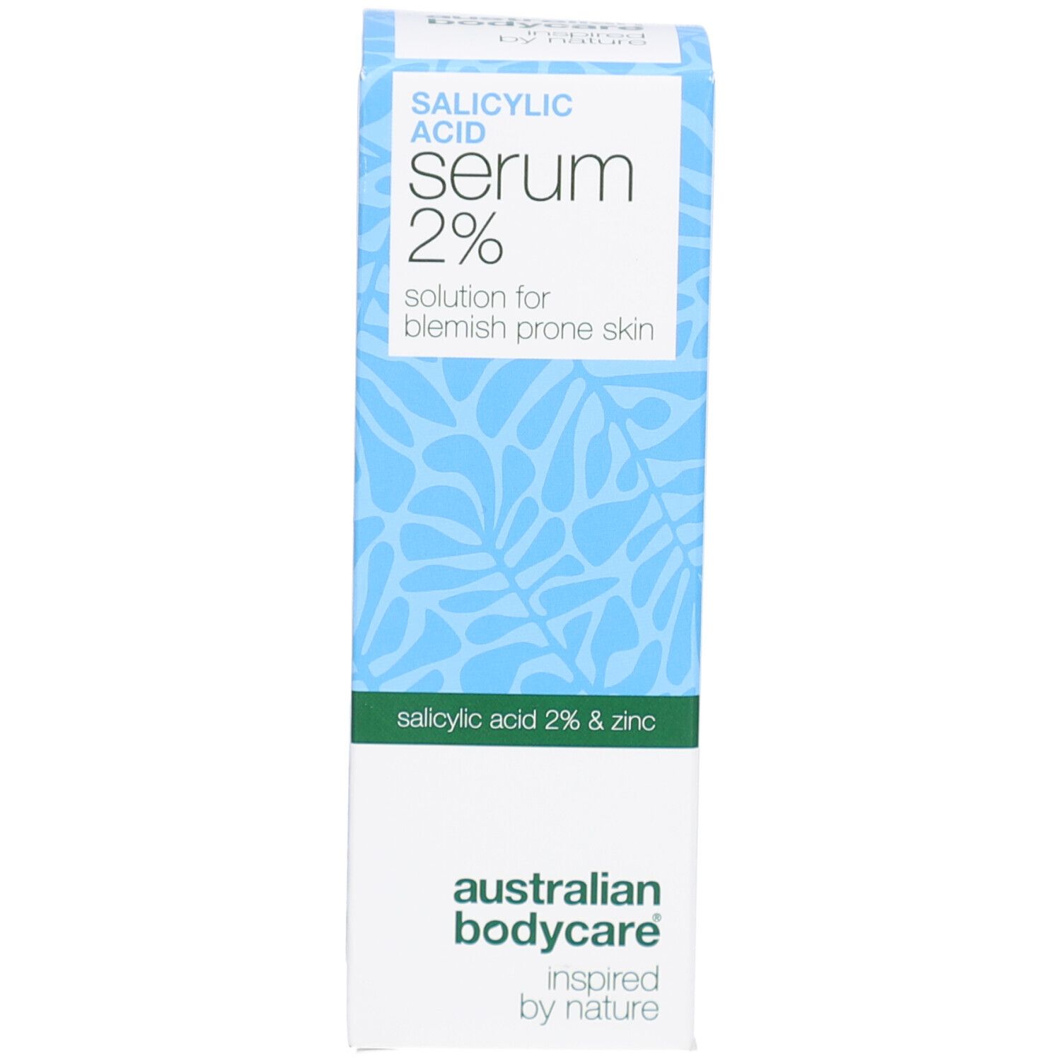 Emballage du produit avec texte : Sérum acide salicylique 2%. Marque : Australian Bodycare.