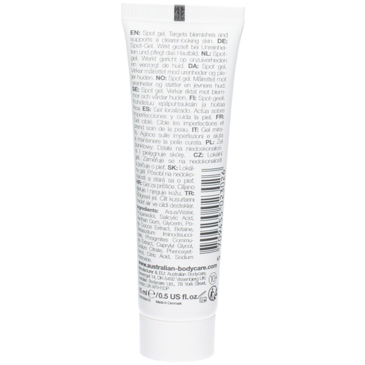 Rückseite einer Tube mit Salicylsäure-Gel, zeigt Inhaltsstoffe und Anwendungshinweise.