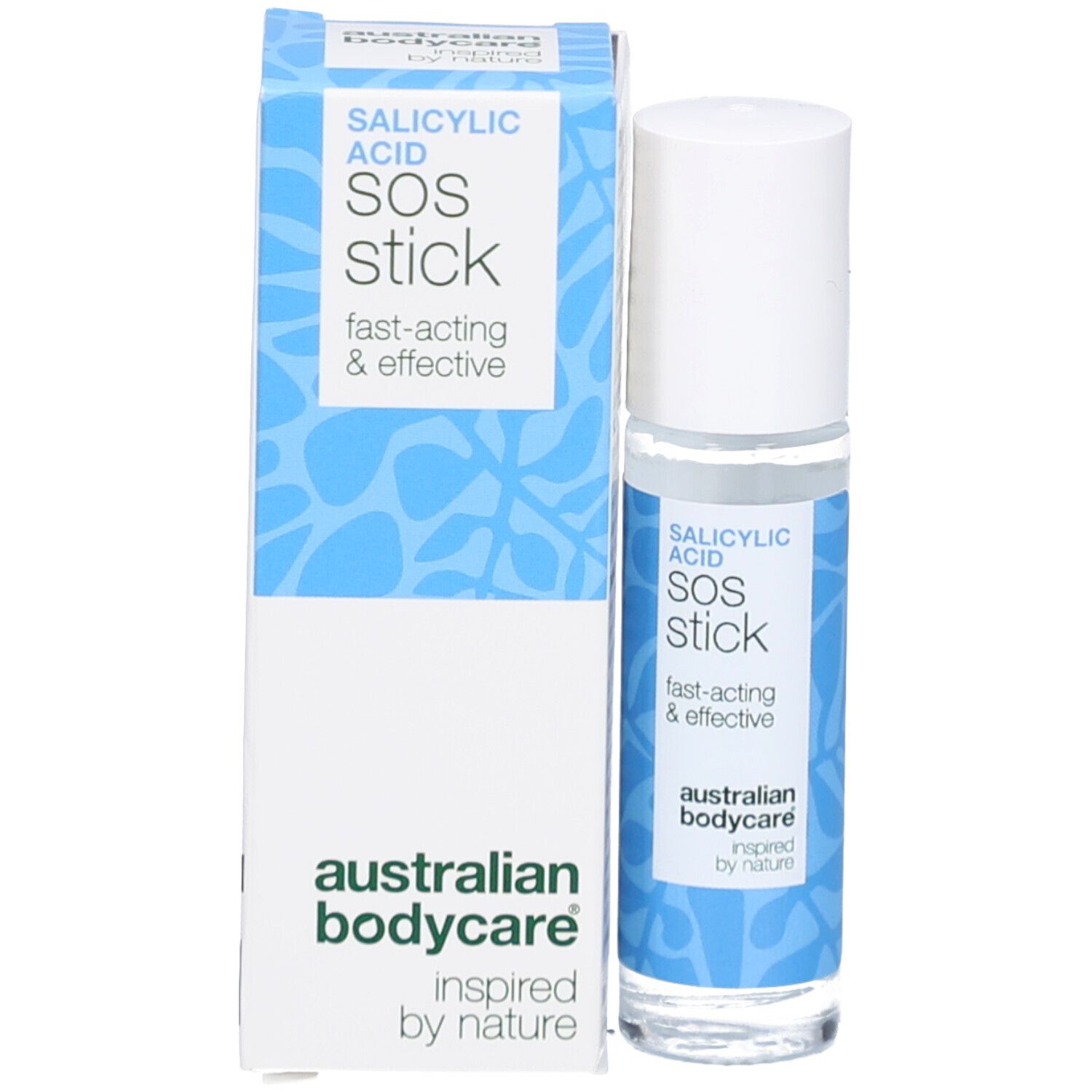 SOS-Stick und Verpackung. Aufschrift: Salicylsäure SOS Stick, australian bodycare. Weiße Verpackung.