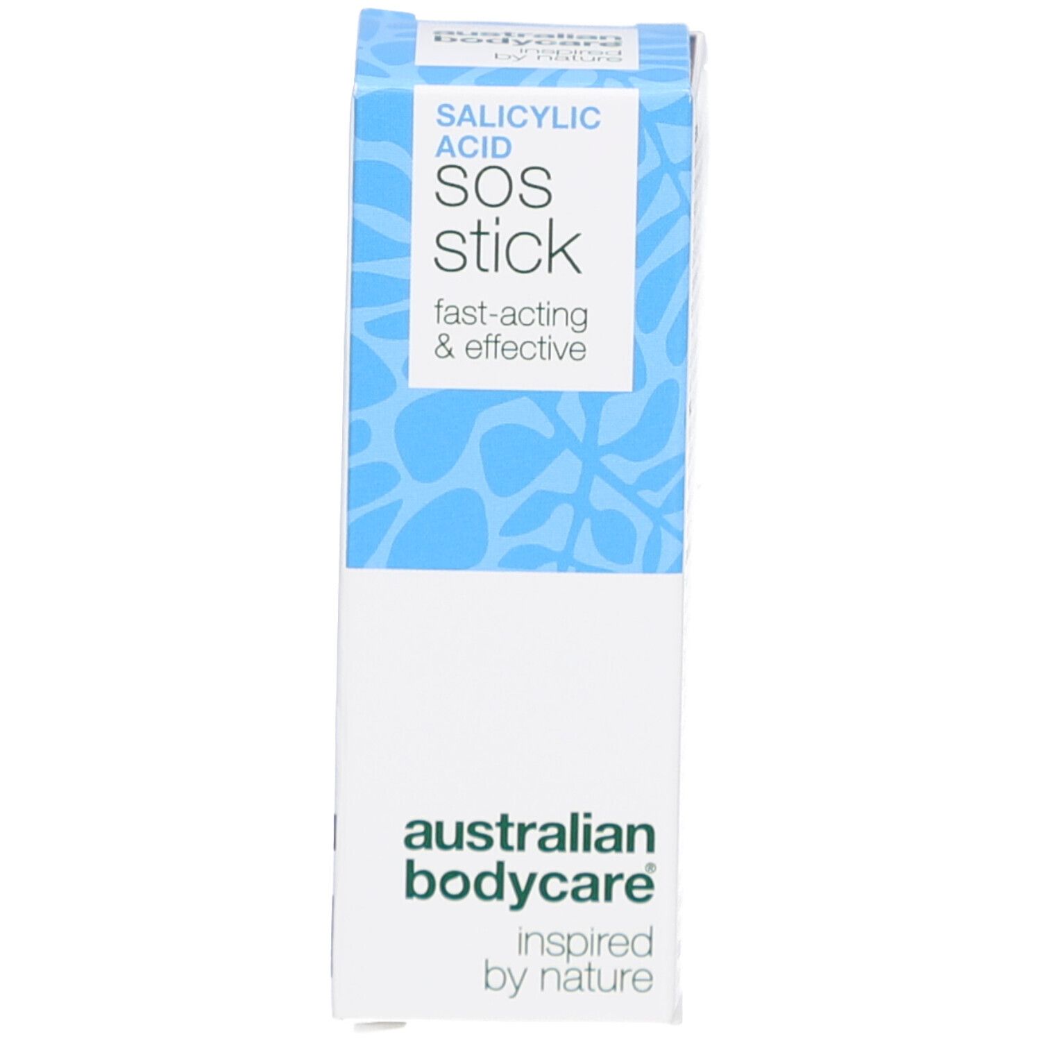 Weiße Verpackung. Aufschrift: Salicylsäure SOS Stick, australian bodycare. Blaue Blätter.