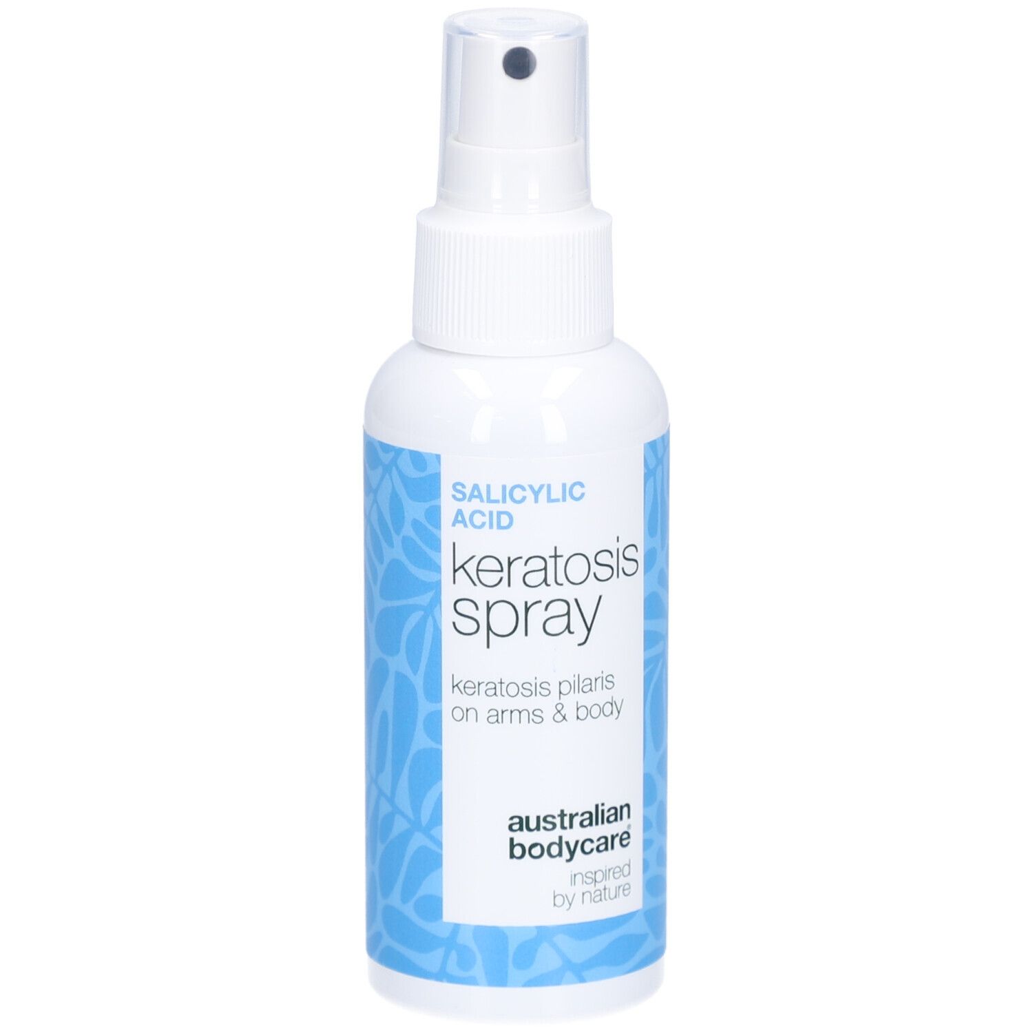 Weiße Sprühflasche. Text: Salicylsäure, Keratosis Spray, Keratosis Pilaris. Marke: Australian Bodycare.