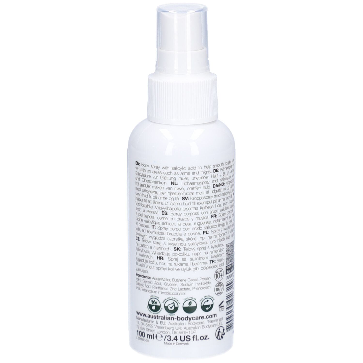 Weiße Sprühflasche. Text: Salicylsäure, Keratosis Spray, Keratosis Pilaris. Aufschrift: 100 ml / 3.4 US fl. oz.