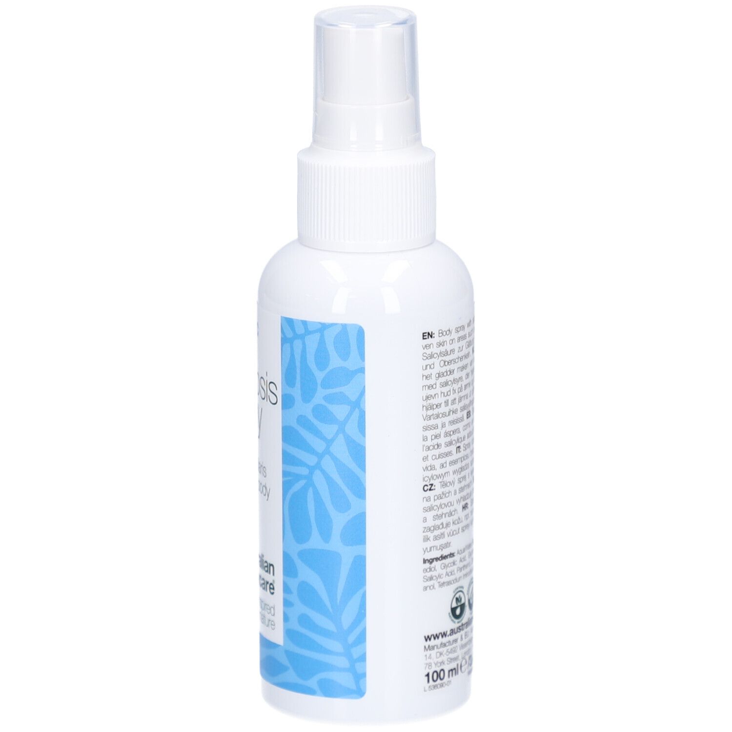 Weiße Sprühflasche. Text: Salicylsäure, Keratosis Spray, Keratosis Pilaris. Aufschrift: 100 ml / 3.4 US fl. oz.