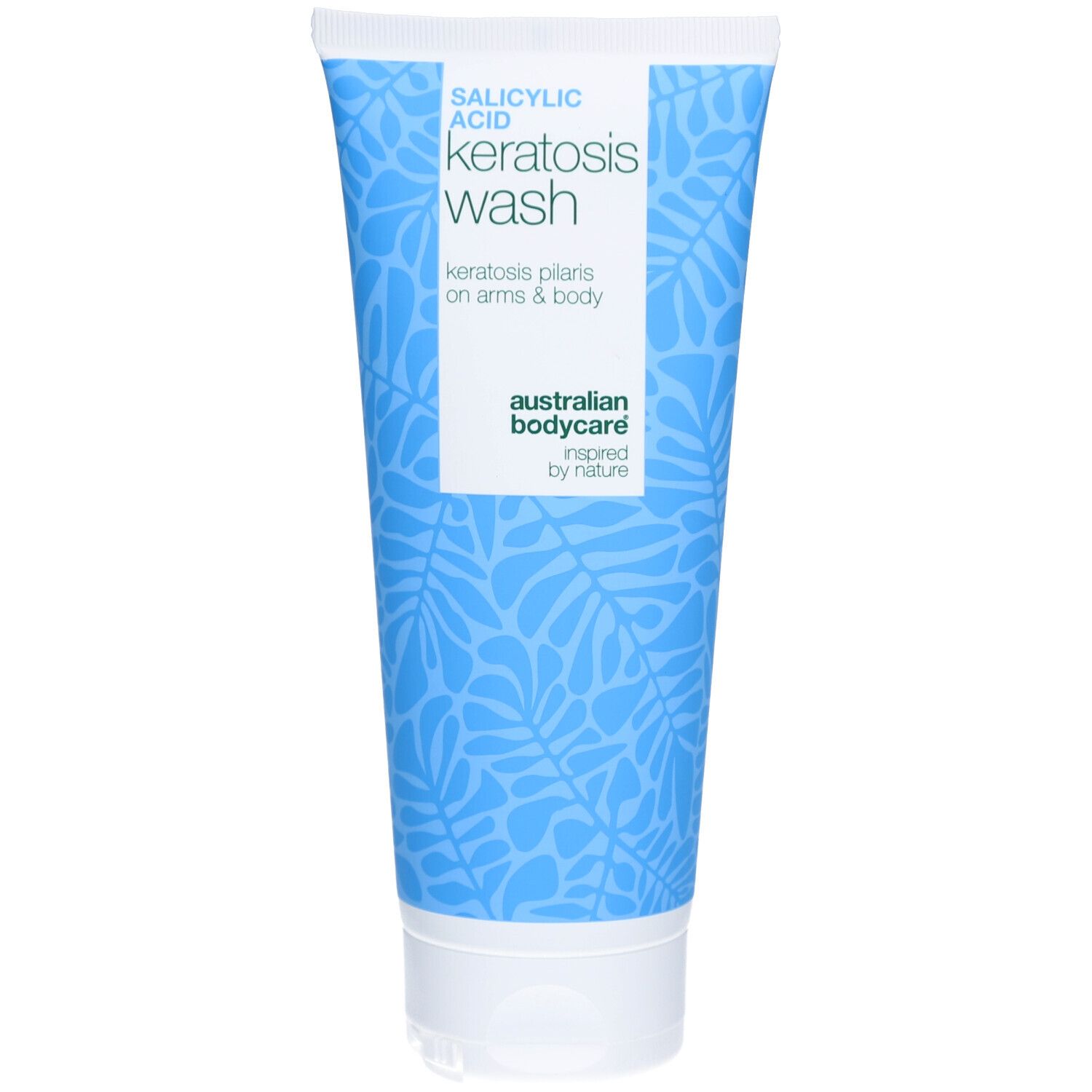 Blau-weiße Tube mit Produktaufdruck. Text: Salicylsäure Keratosis Wash. Marke: Australian Bodycare.