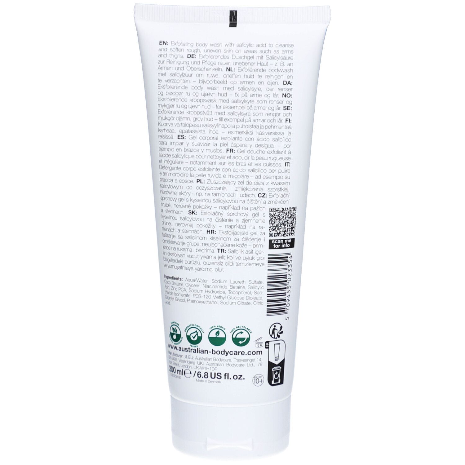 Rückseite der Tube mit Produktinformationen und Inhaltsstoffen. Text in mehreren Sprachen.